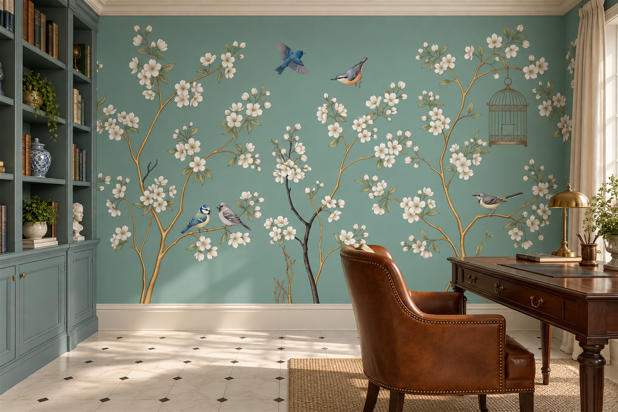 Teal Pattern Decorative Blossom Wallpaper Mural Home-office-wallpaper-murals, Peel-and-stick Finish