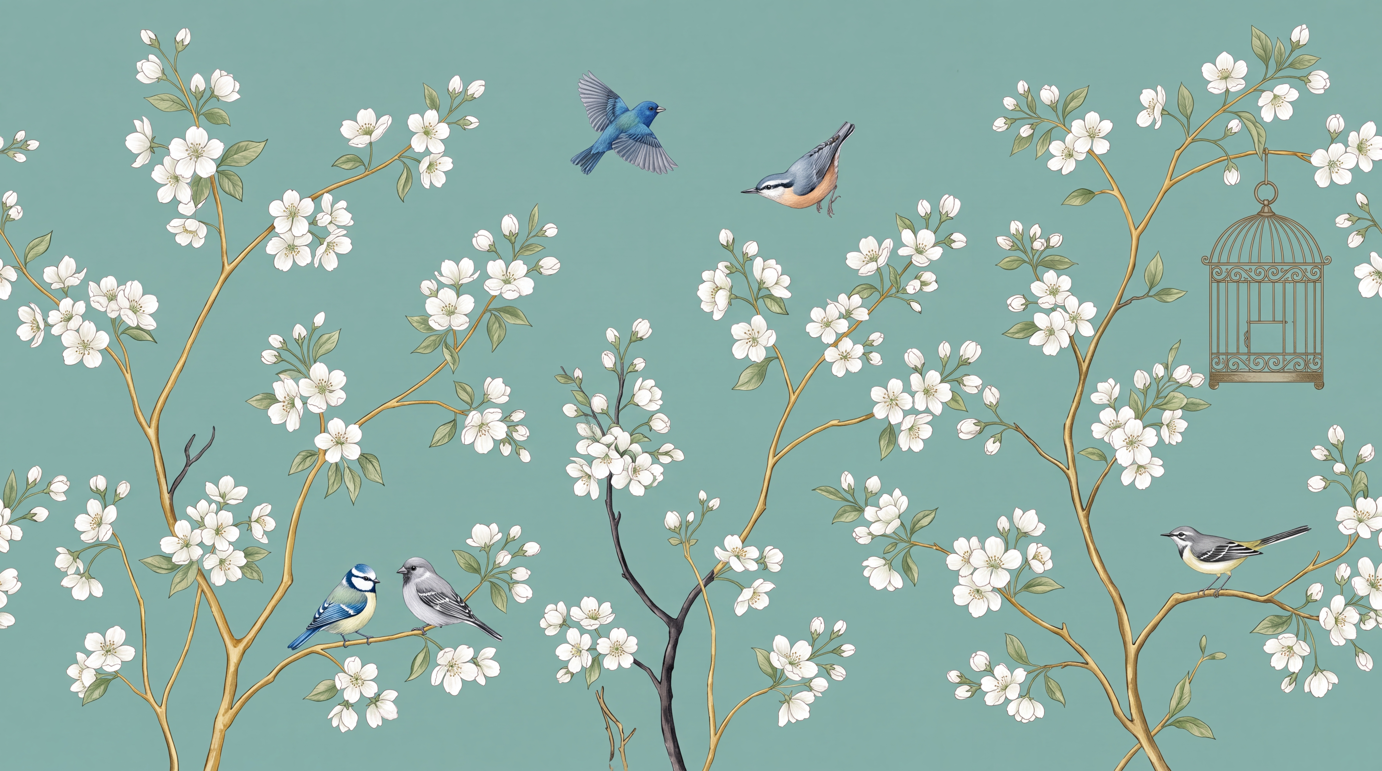 Teal Pattern Decorative Blossom Wallpaper Mural, Peel-and-stick Finish