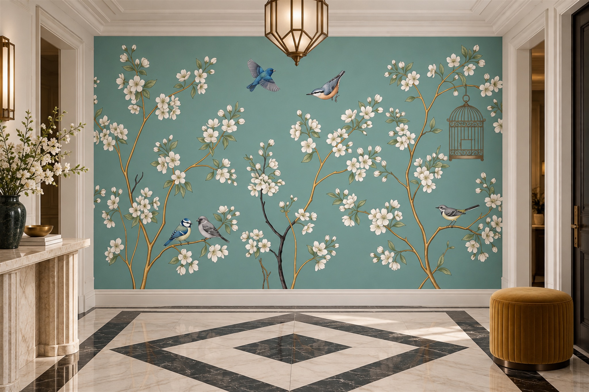 Teal Pattern Decorative Blossom Wallpaper Mural Bedroom-wallpaper-murals, Peel-and-stick Finish