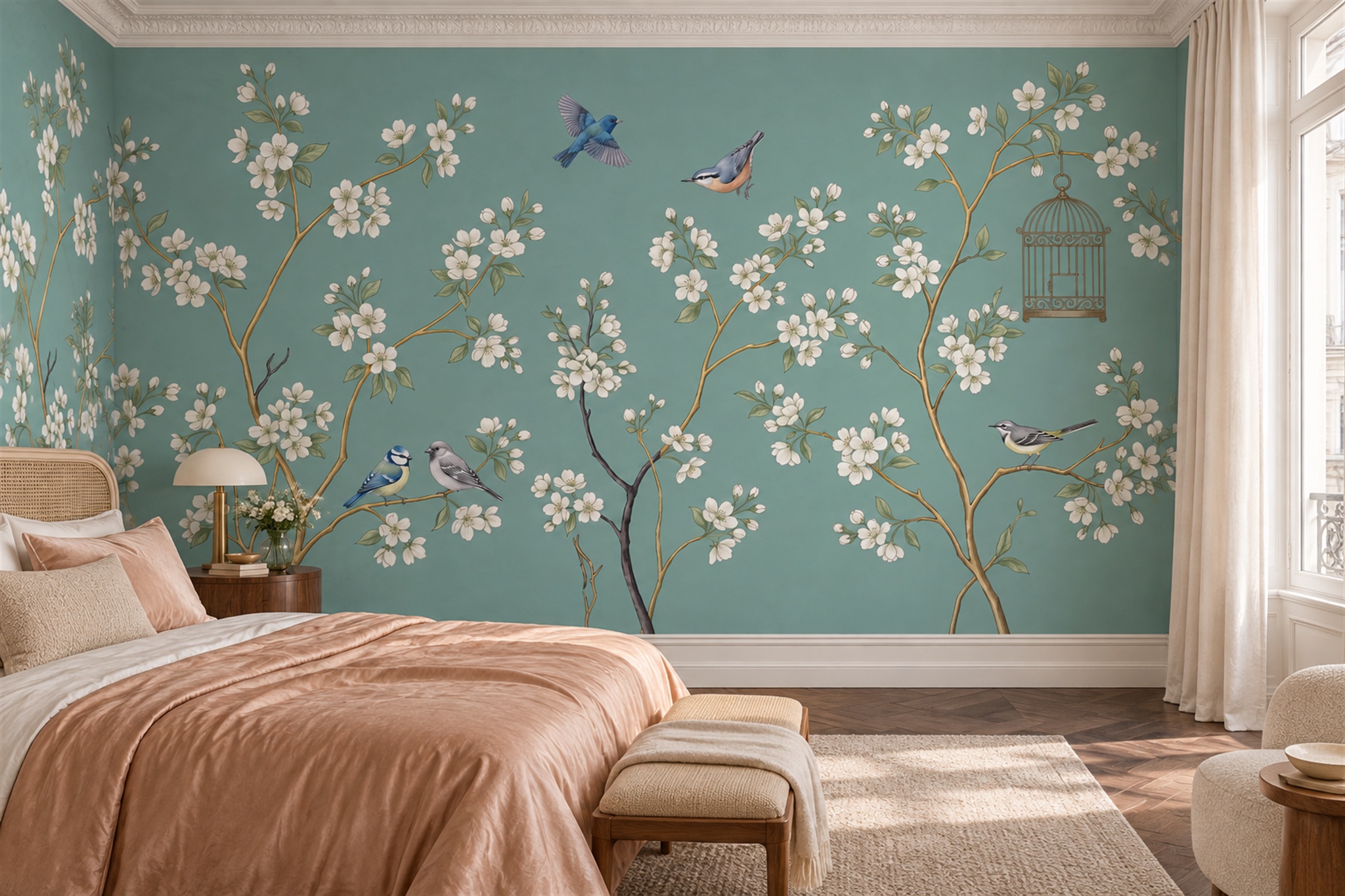 White Blossom Branches, Songbirds And Birdcage On Teal Wallpaper Mural — Installed Wallpaper Mural In A Bedroom, Peel-and-stick Finish