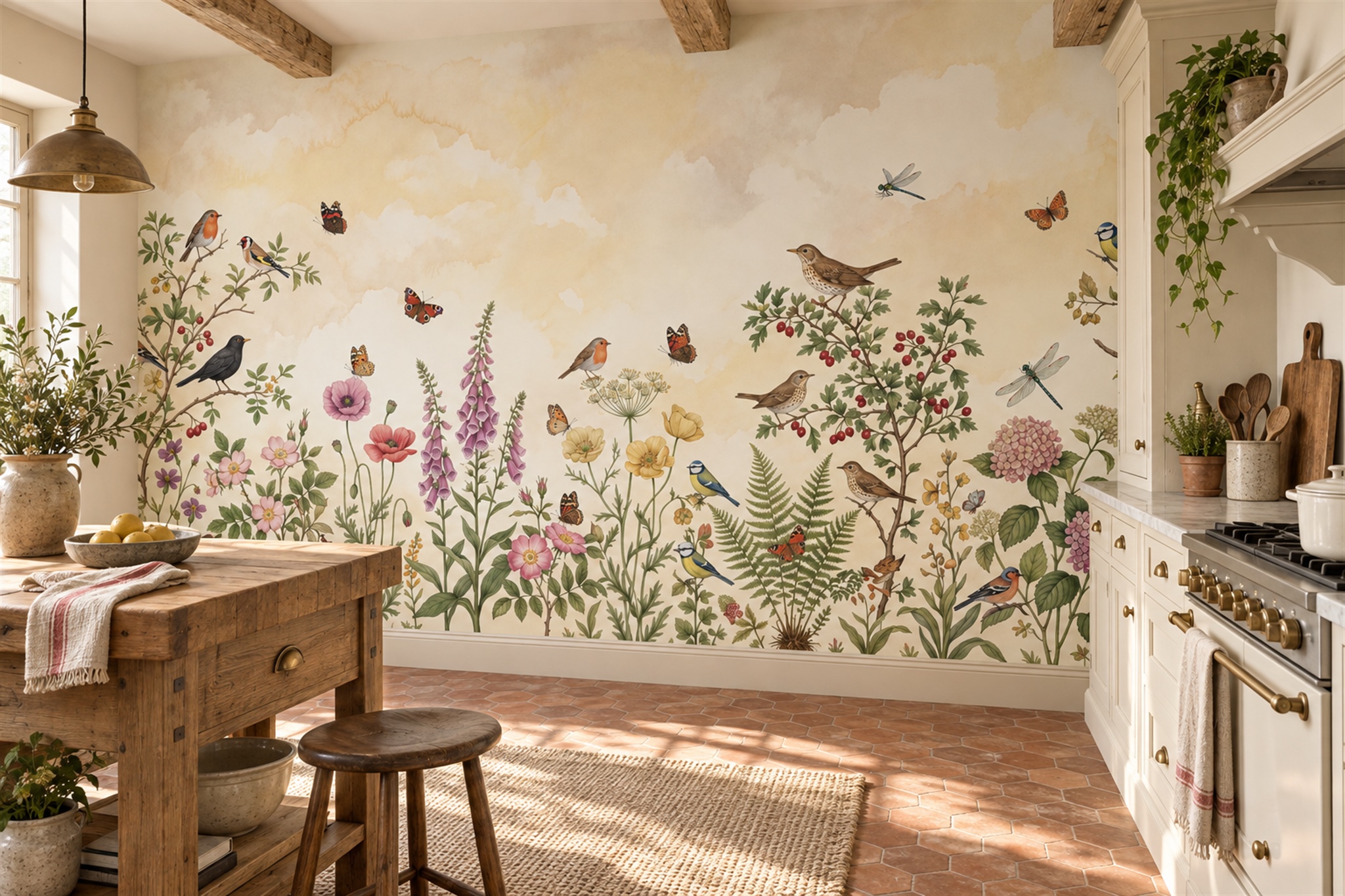 Wildflower Meadow With Garden Birds And Butterflies Wallpaper Mural — Installed Wallpaper Mural In A Kitchen, Peel-and-stick Finish