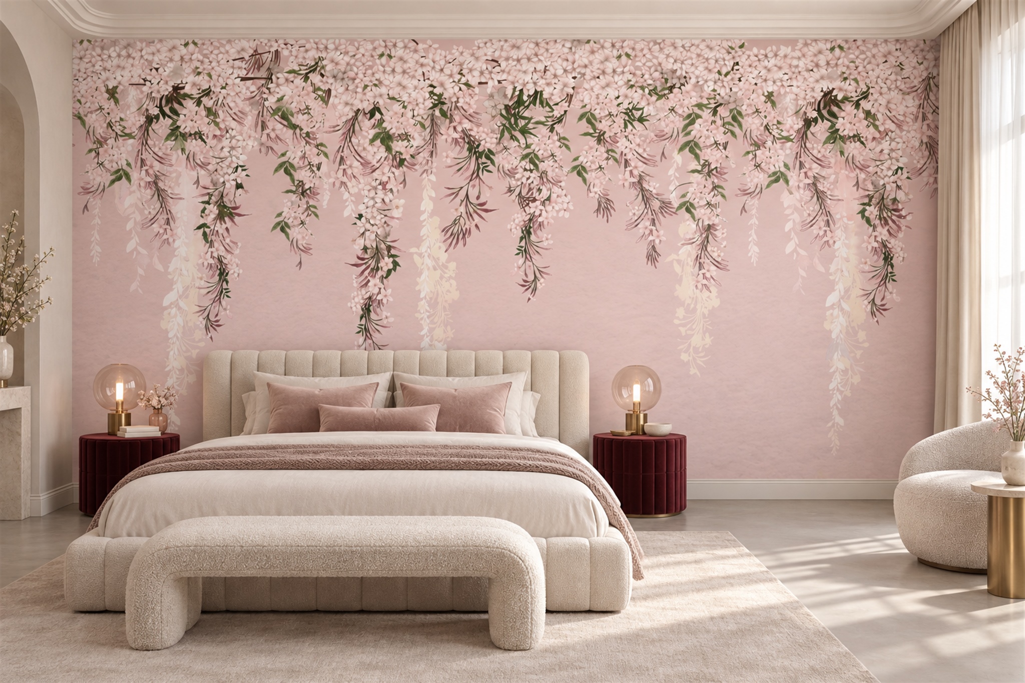 Pink Pattern Decorative Wallpaper Mural Layered Curved Wallpaper Mural Bedroom-wallpaper-murals, Peel-and-stick Finish
