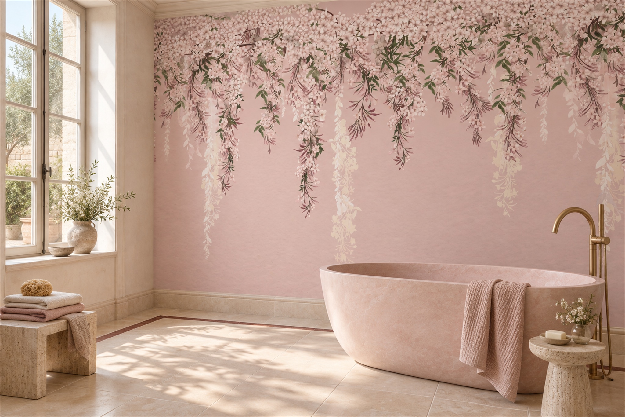 Pink Pattern Decorative Wallpaper Mural Layered Curved Wallpaper Mural Accent-wall-wallpaper-murals, Peel-and-stick Finish
