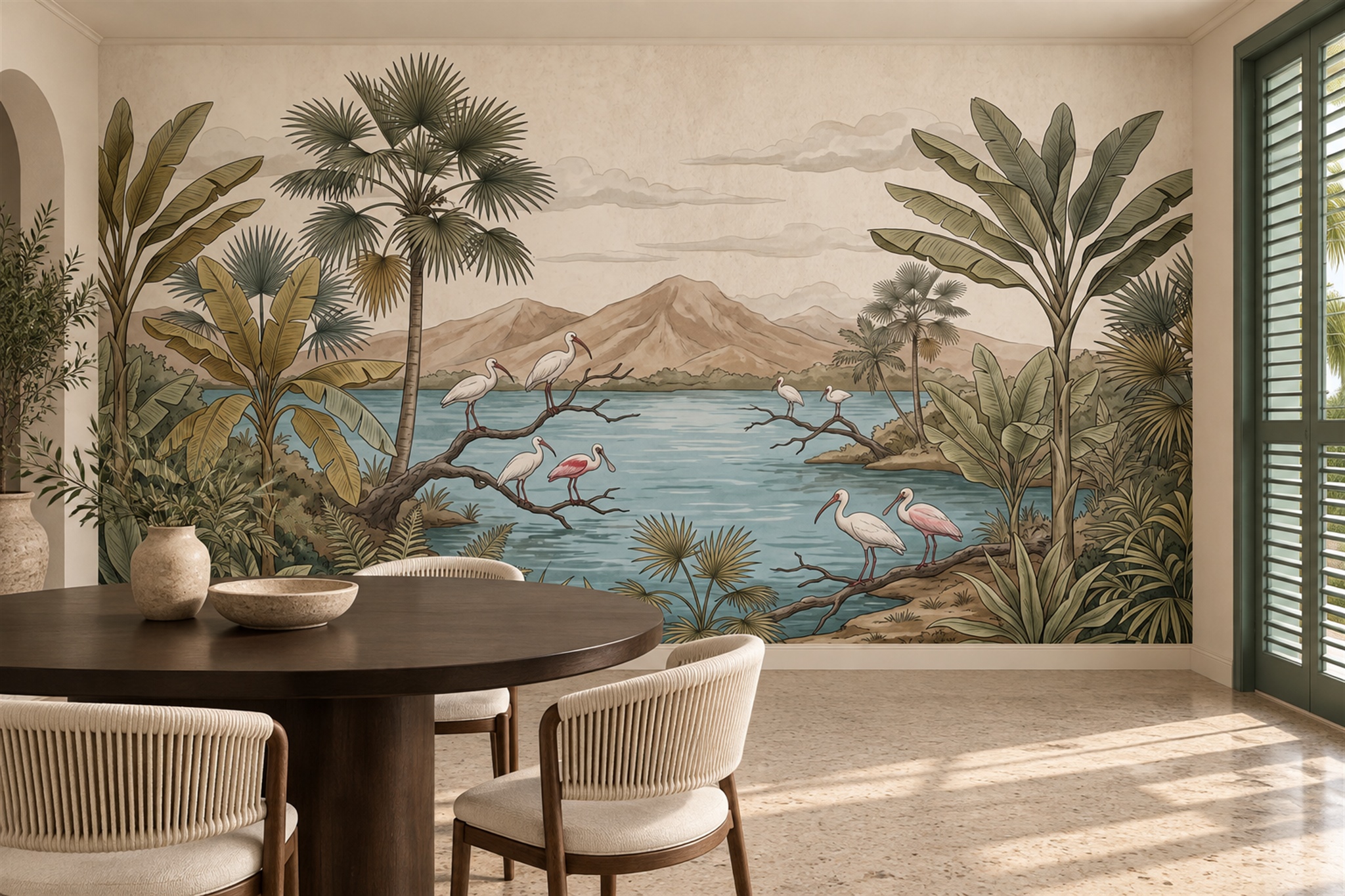 Teal Tropical Artful Layered Wallpaper Mural Dining-room-wallpaper-murals, Shown In A Dining Room, Peel-and-stick Finish