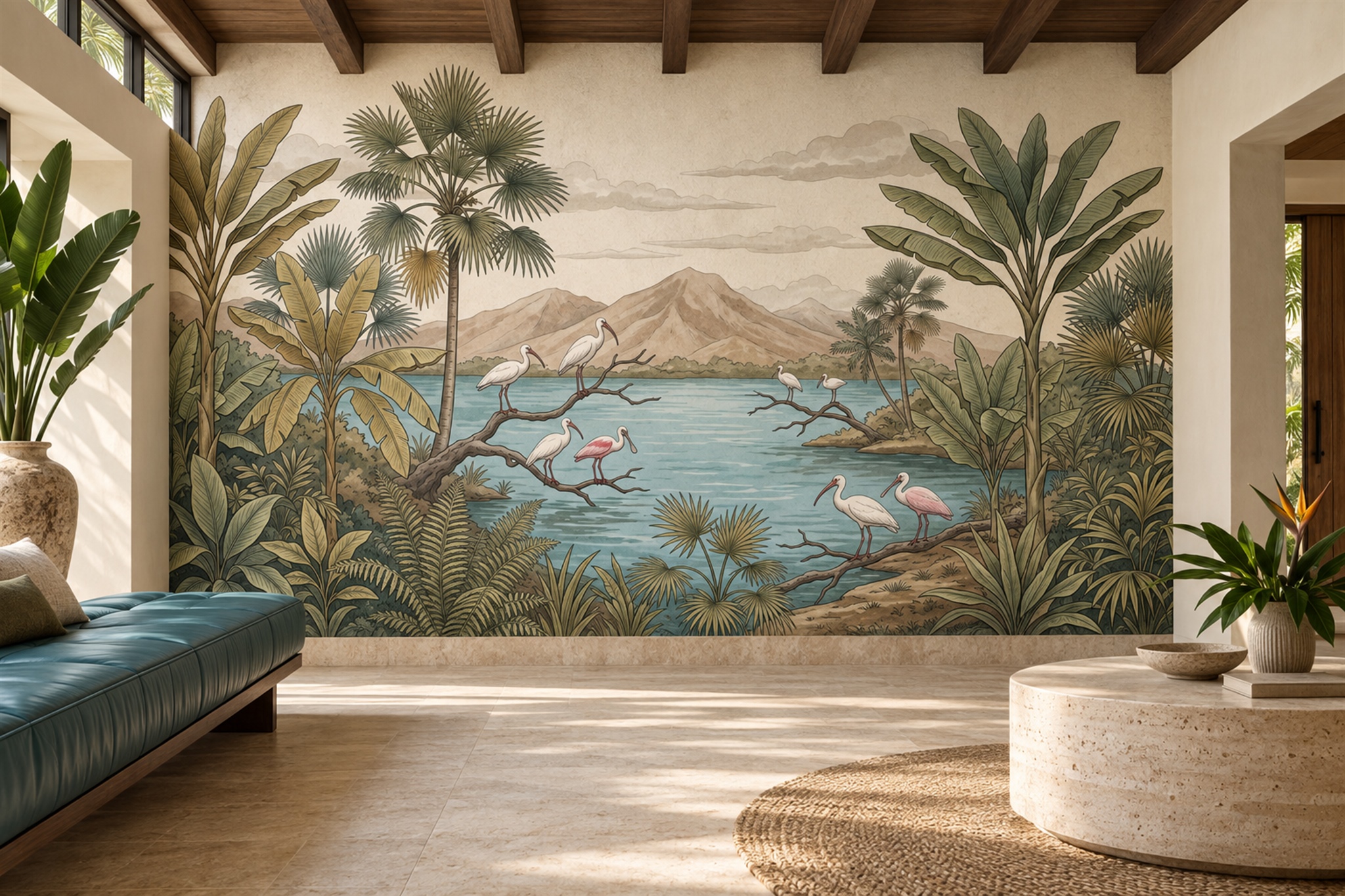 Teal Tropical Artful Layered Wallpaper Mural Entryway-wallpaper-murals, Peel-and-stick Finish