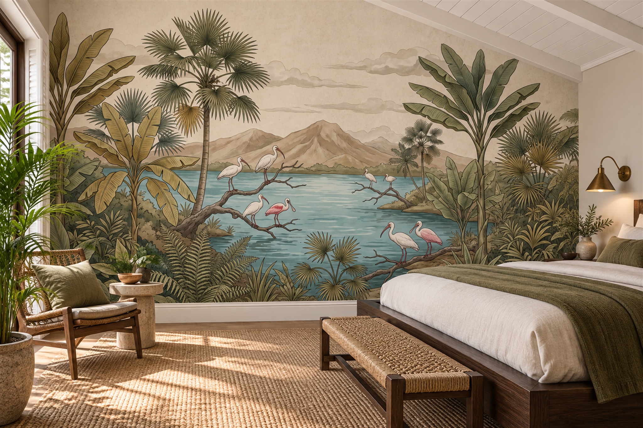 Tropical River With Palms And Wading Birds Wallpaper Mural — Installed Wallpaper Mural In A Bedroom, Peel-and-stick Finish