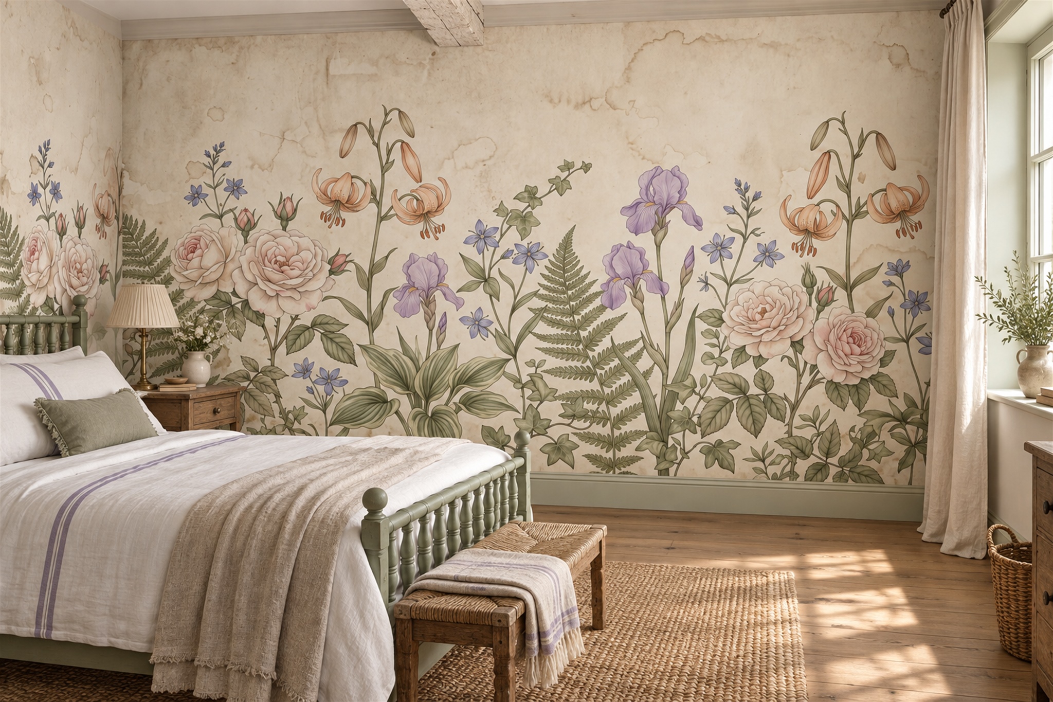 Beige Floral Botanical Wallpaper Mural Bedroom-wallpaper-murals, Peel-and-stick Finish