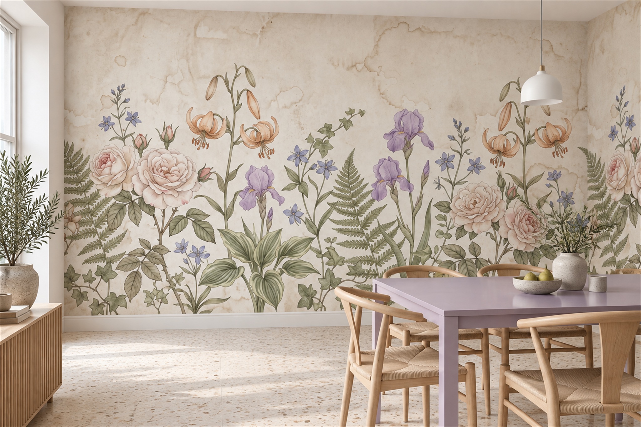 Beige Floral Botanical Wallpaper Mural Dining-room-wallpaper-murals, Shown In A Dining Room, Peel-and-stick Finish
