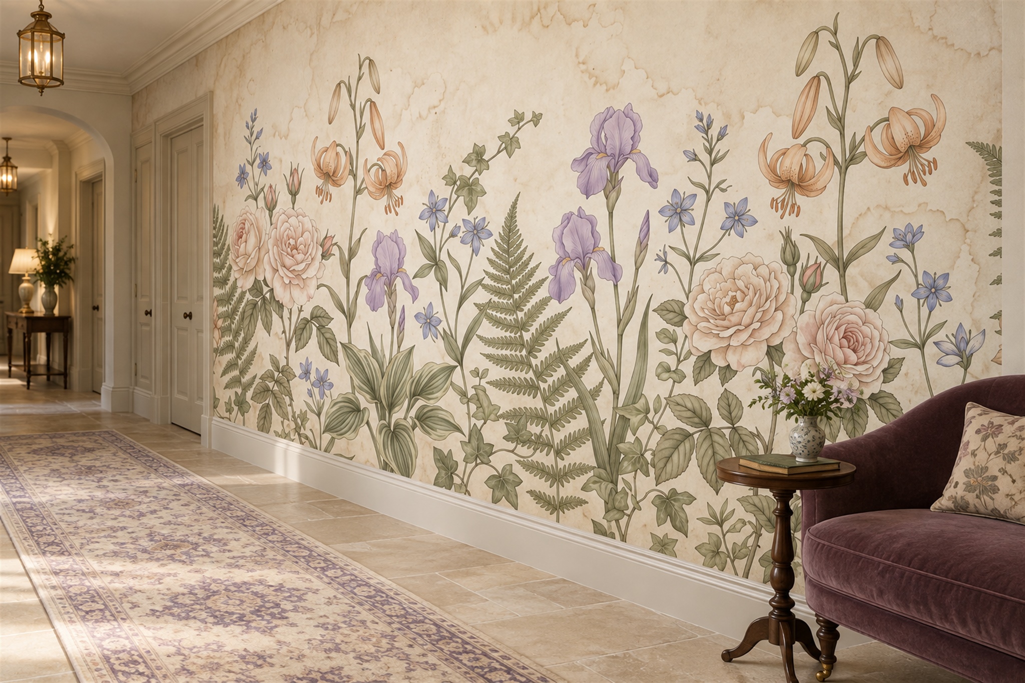 Beige Floral Botanical Wallpaper Mural Accent-wall-wallpaper-murals, Peel-and-stick Finish