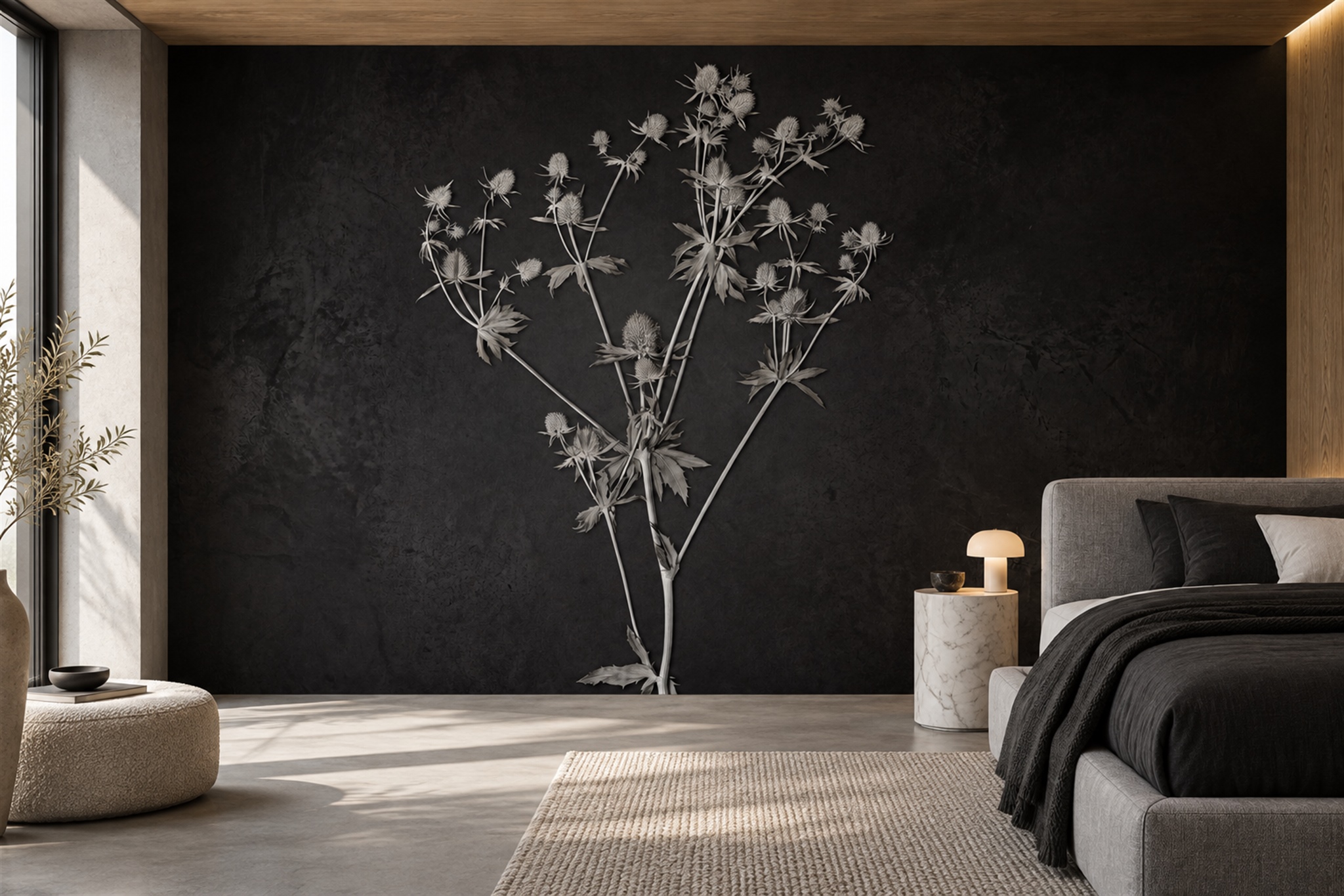 Silver Thistle Stems On A Charcoal Ground Wallpaper Mural — Installed Wallpaper Mural In A Bedroom, Peel-and-stick Finish