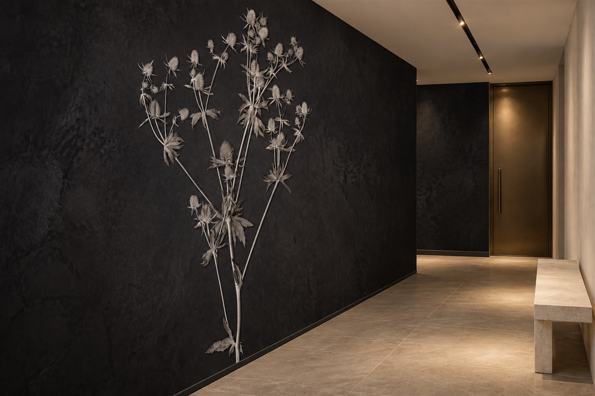 Black Botanical Botanical Abstract Wallpaper Mural Entryway-wallpaper-murals, Peel-and-stick Finish