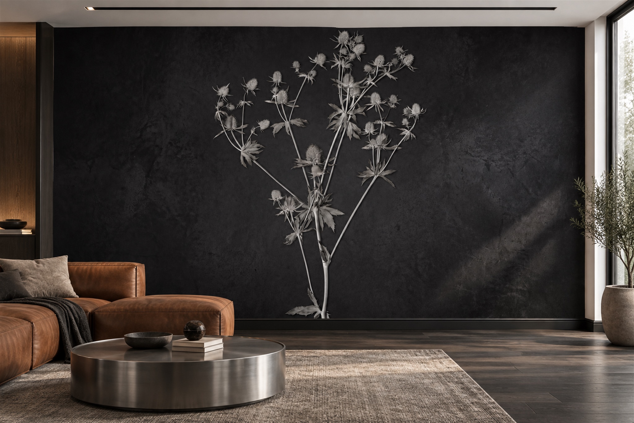 Black Botanical Botanical Abstract Wallpaper Mural Bedroom-wallpaper-murals, Peel-and-stick Finish
