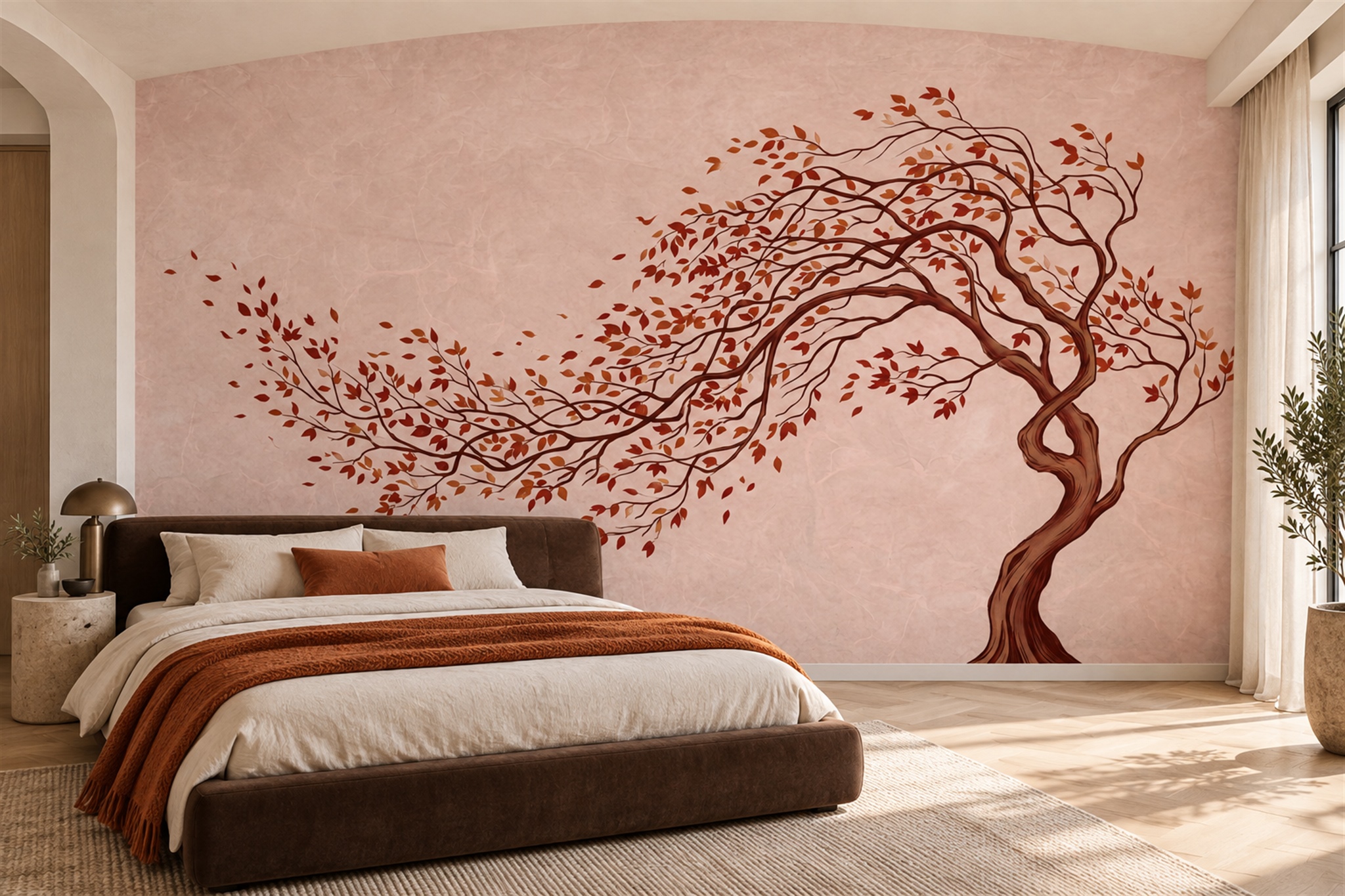 Sculptural Red-brown Tree On Blush Wallpaper Mural — Installed Wallpaper Mural In A Bedroom, Peel-and-stick Finish