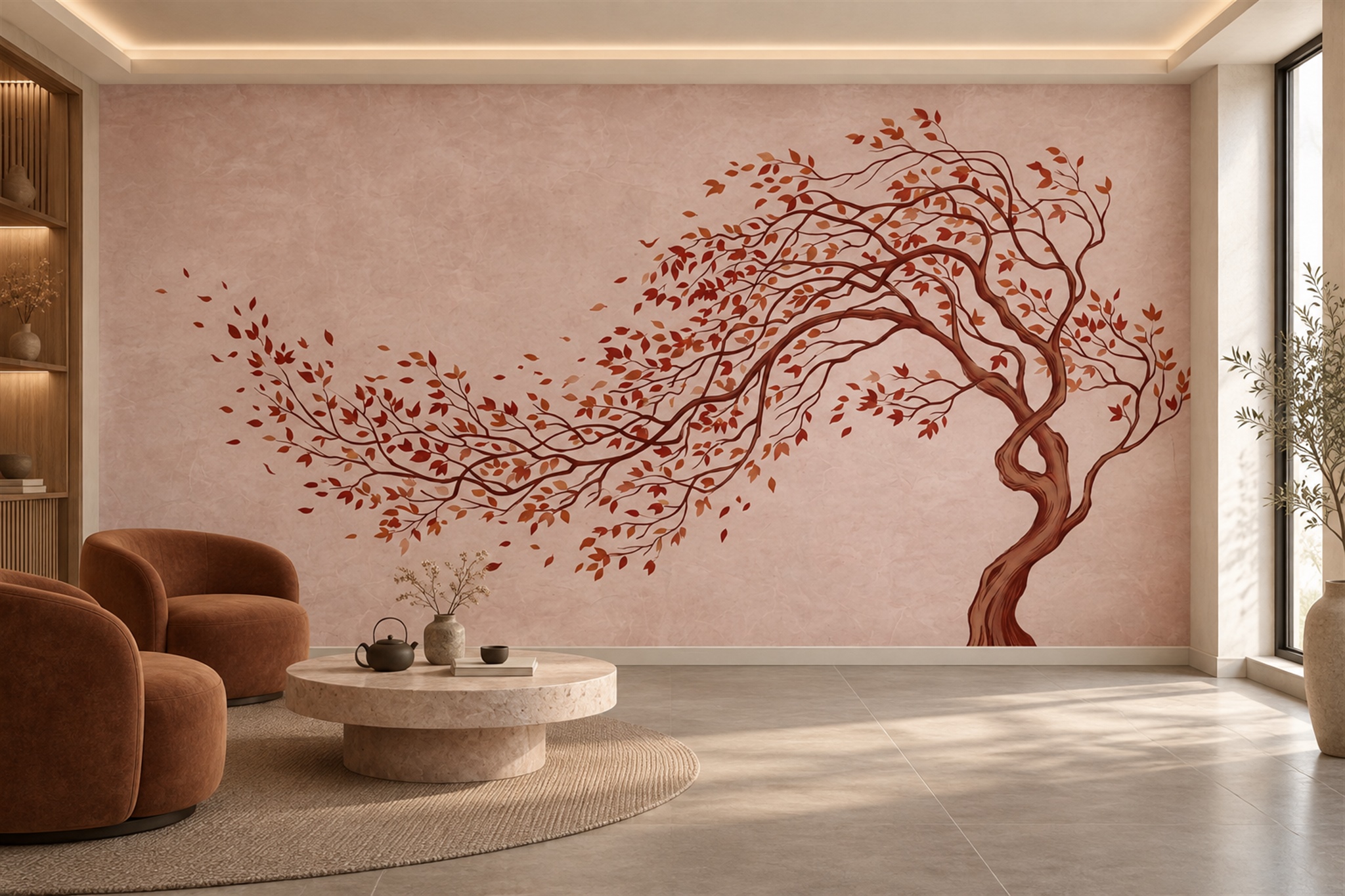 Pink Tree Scenic Decorative Wallpaper Mural Accent-wall-wallpaper-murals, Peel-and-stick Finish