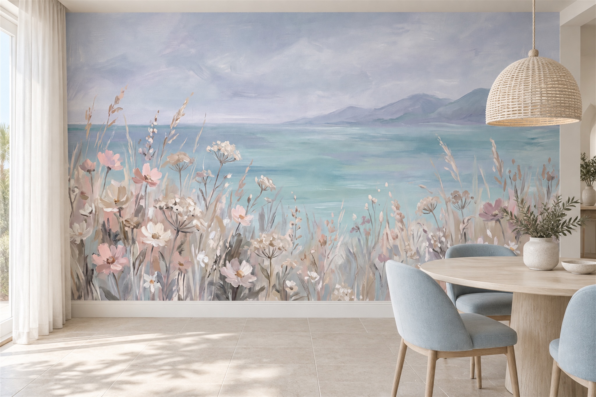 Aqua Meadow Scenic Wallpaper Mural Dining-room-wallpaper-murals, Shown In A Dining Room, Peel-and-stick Finish
