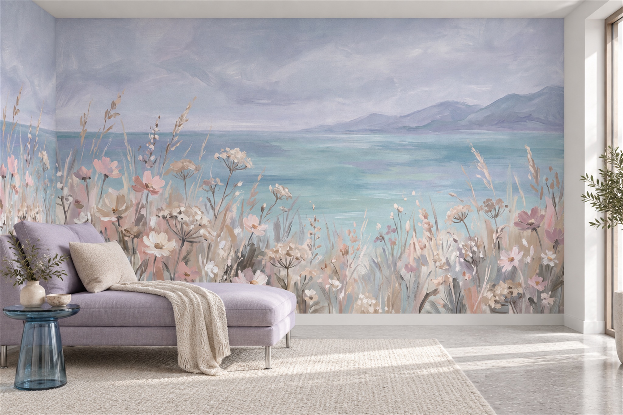 Pastel Coastal Meadow With Wildflowers Wallpaper Mural — Wallpaper Mural Design, Peel-and-stick Finish