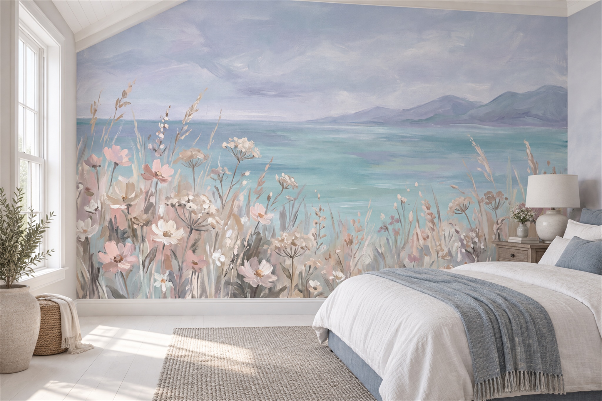 Aqua Meadow Scenic Wallpaper Mural Bedroom-wallpaper-murals, Peel-and-stick Finish