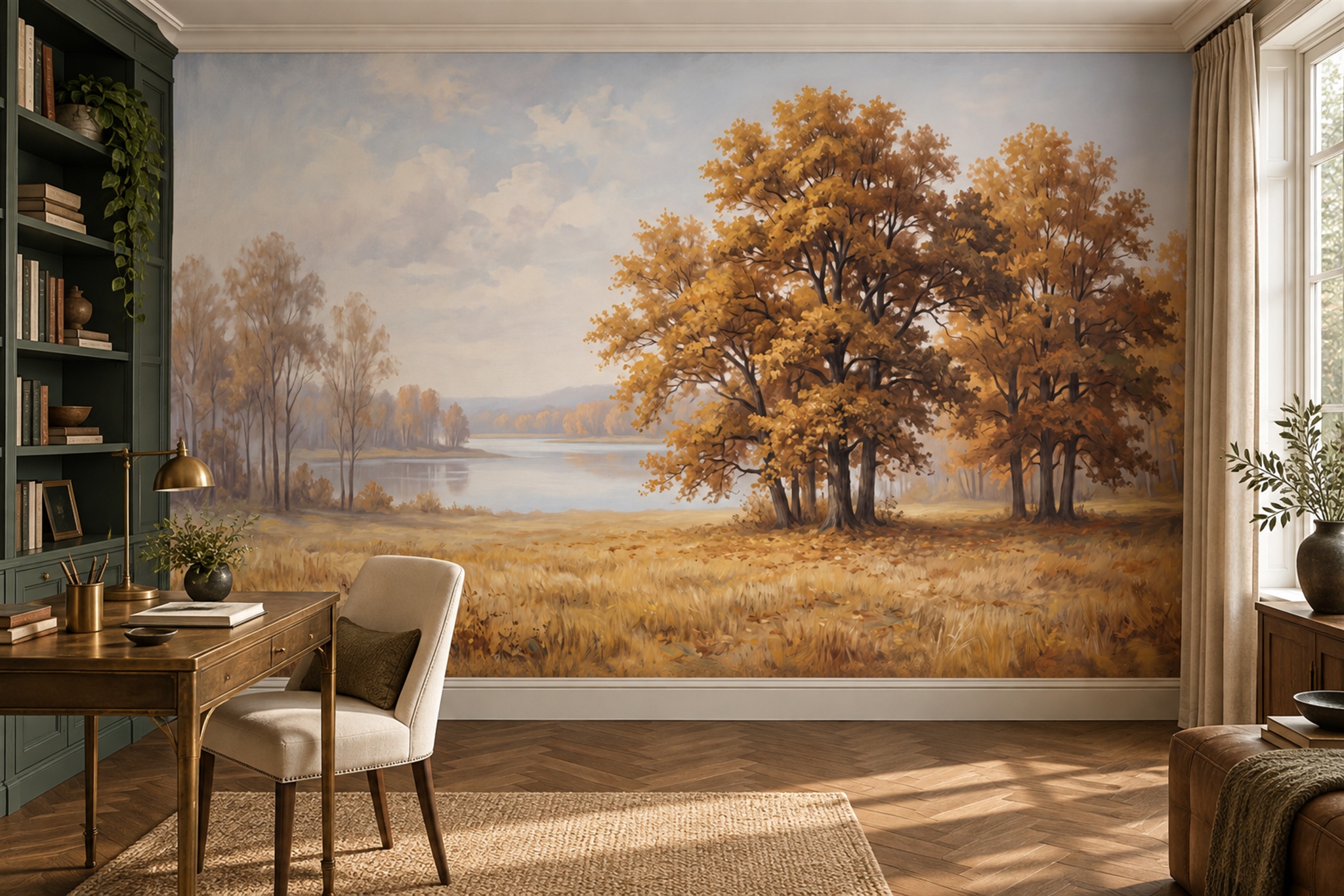 Gold Scenic Scenic Painterly Wallpaper Mural Home-office-wallpaper-murals, Peel-and-stick Finish