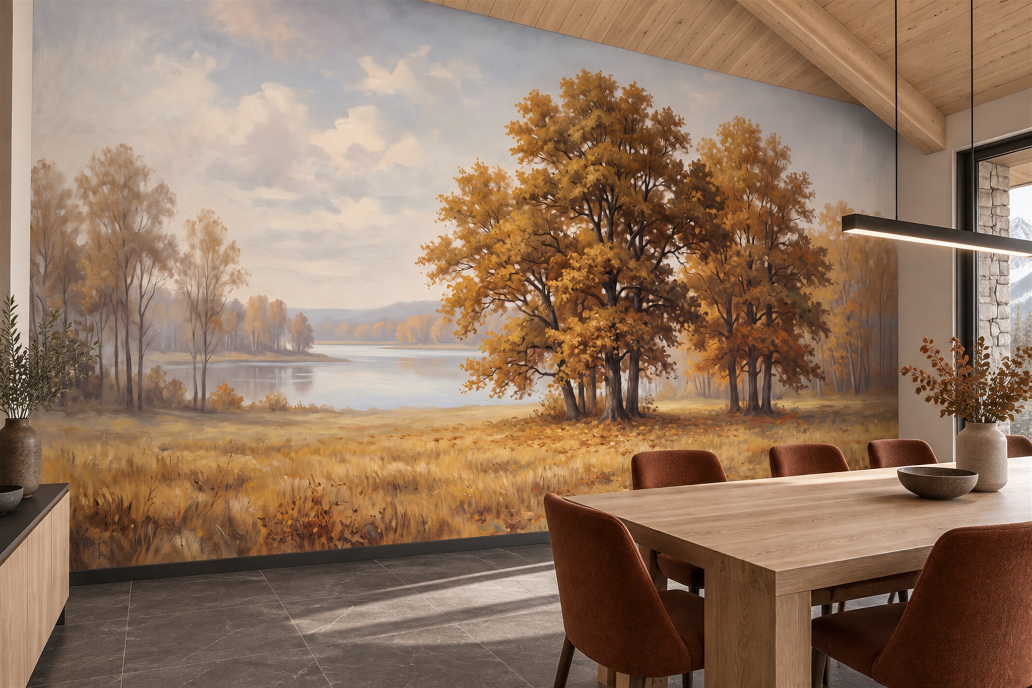 Gold Scenic Scenic Painterly Wallpaper Mural Dining-room-wallpaper-murals, Shown In A Dining Room, Peel-and-stick Finish
