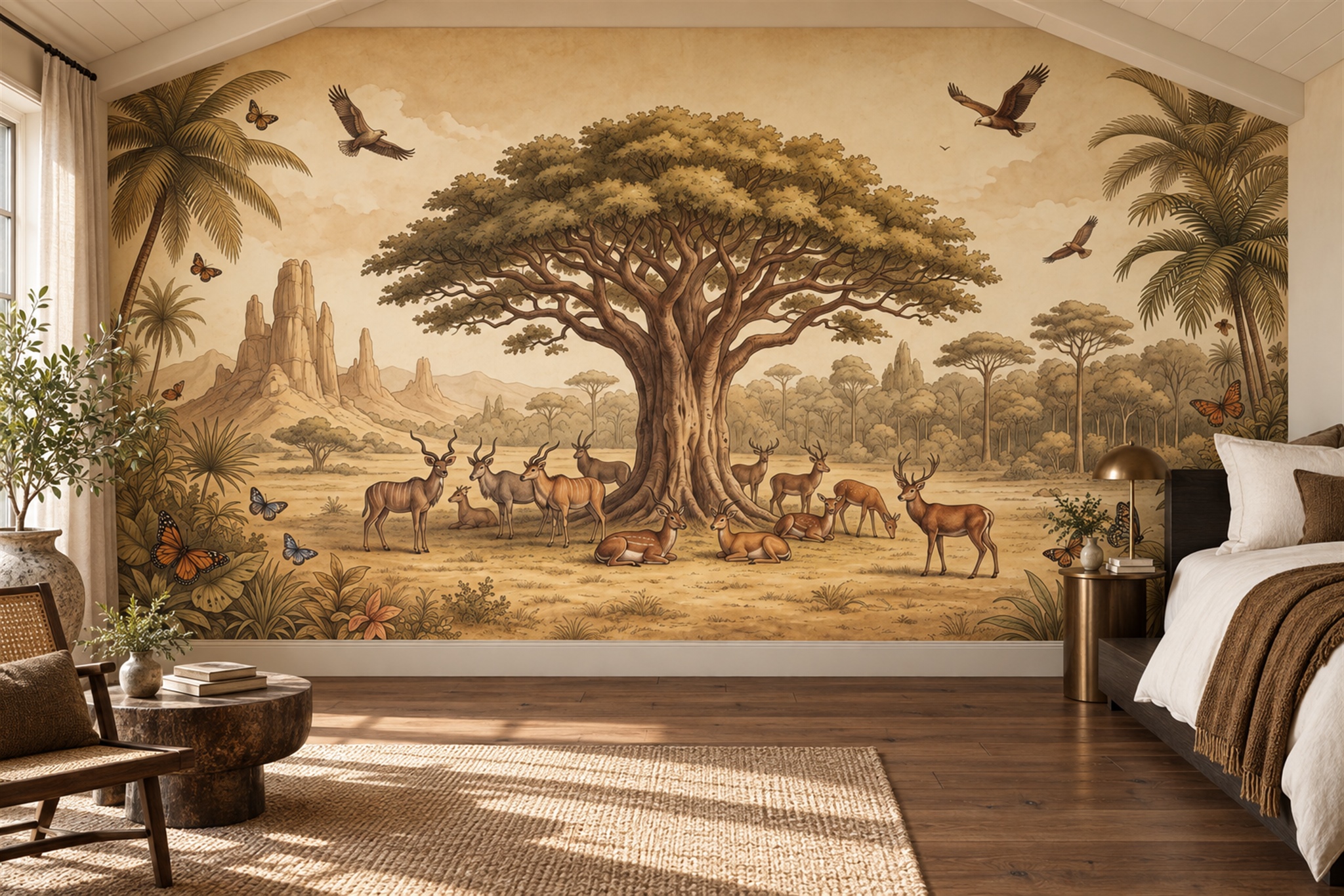 Golden Savanna Antelope Beneath Acacia Tree Wallpaper Mural — Installed Wallpaper Mural In A Bedroom, Peel-and-stick Finish