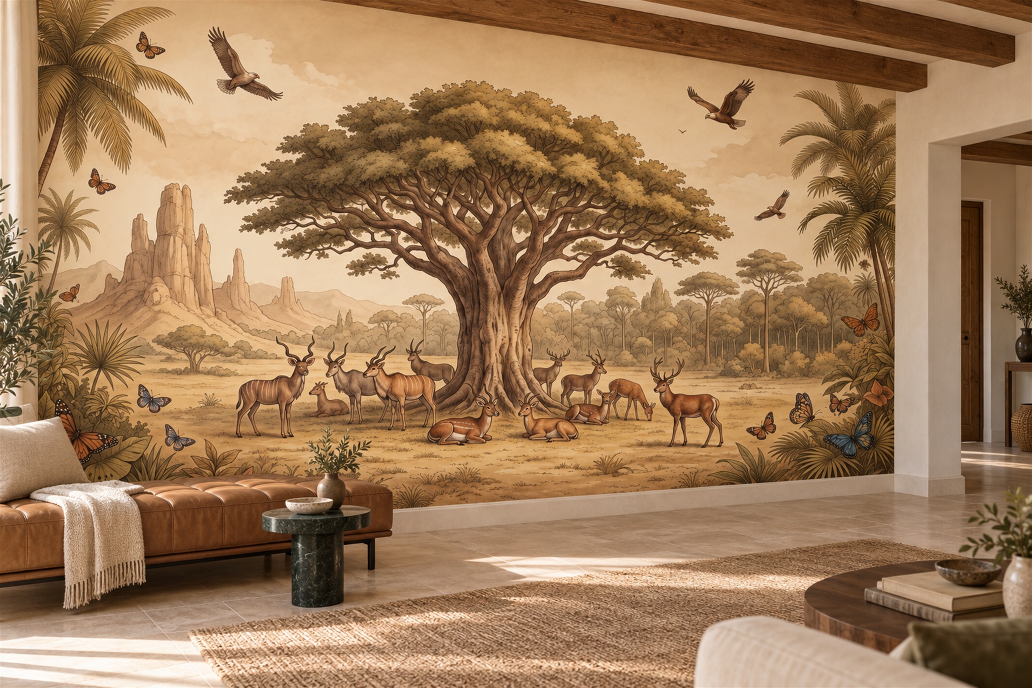 Gold Safari Scenic Wallpaper Mural Living-room-wallpaper-murals, Shown In A Living Room, Peel-and-stick Finish