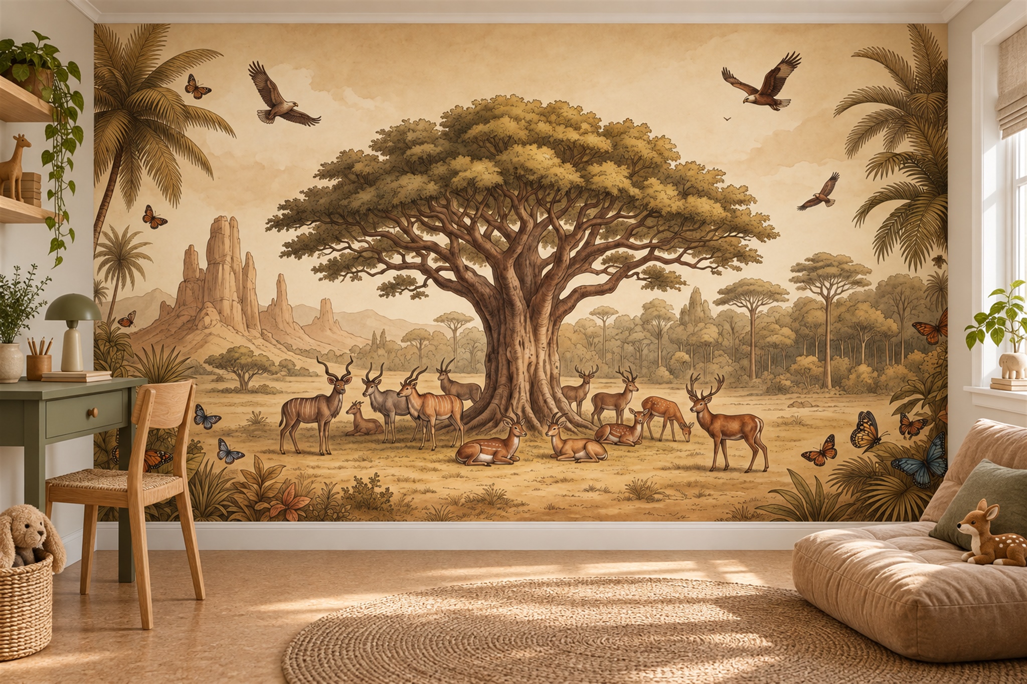 Gold Safari Scenic Wallpaper Mural Bedroom-wallpaper-murals, Peel-and-stick Finish