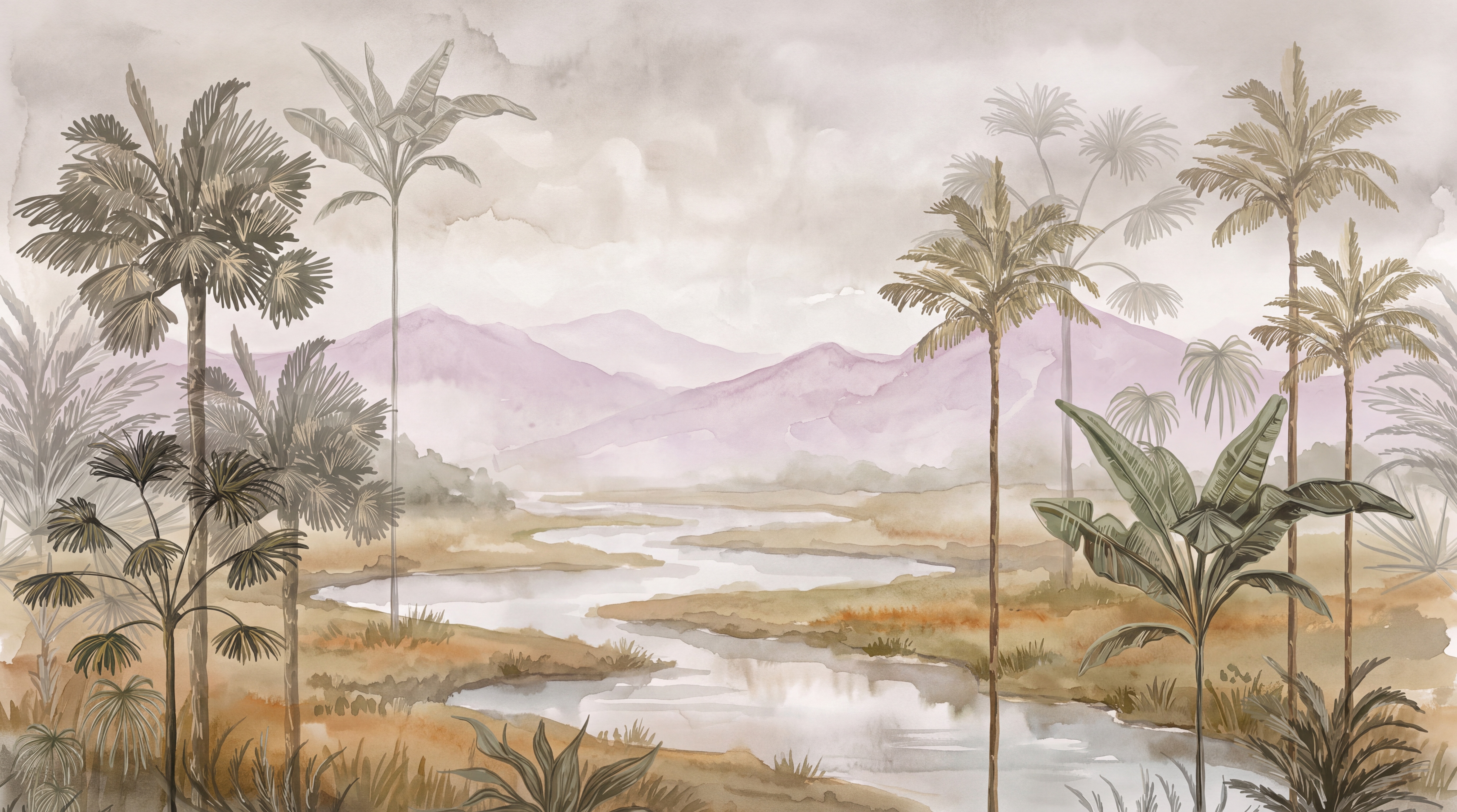 Beige Palm Artful Decorative Wallpaper Mural, Peel-and-stick Finish