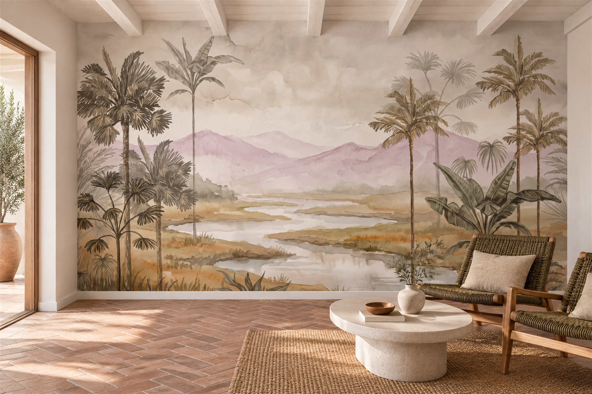 Beige Palm Artful Decorative Wallpaper Mural Living-room-wallpaper-murals, Peel-and-stick Finish
