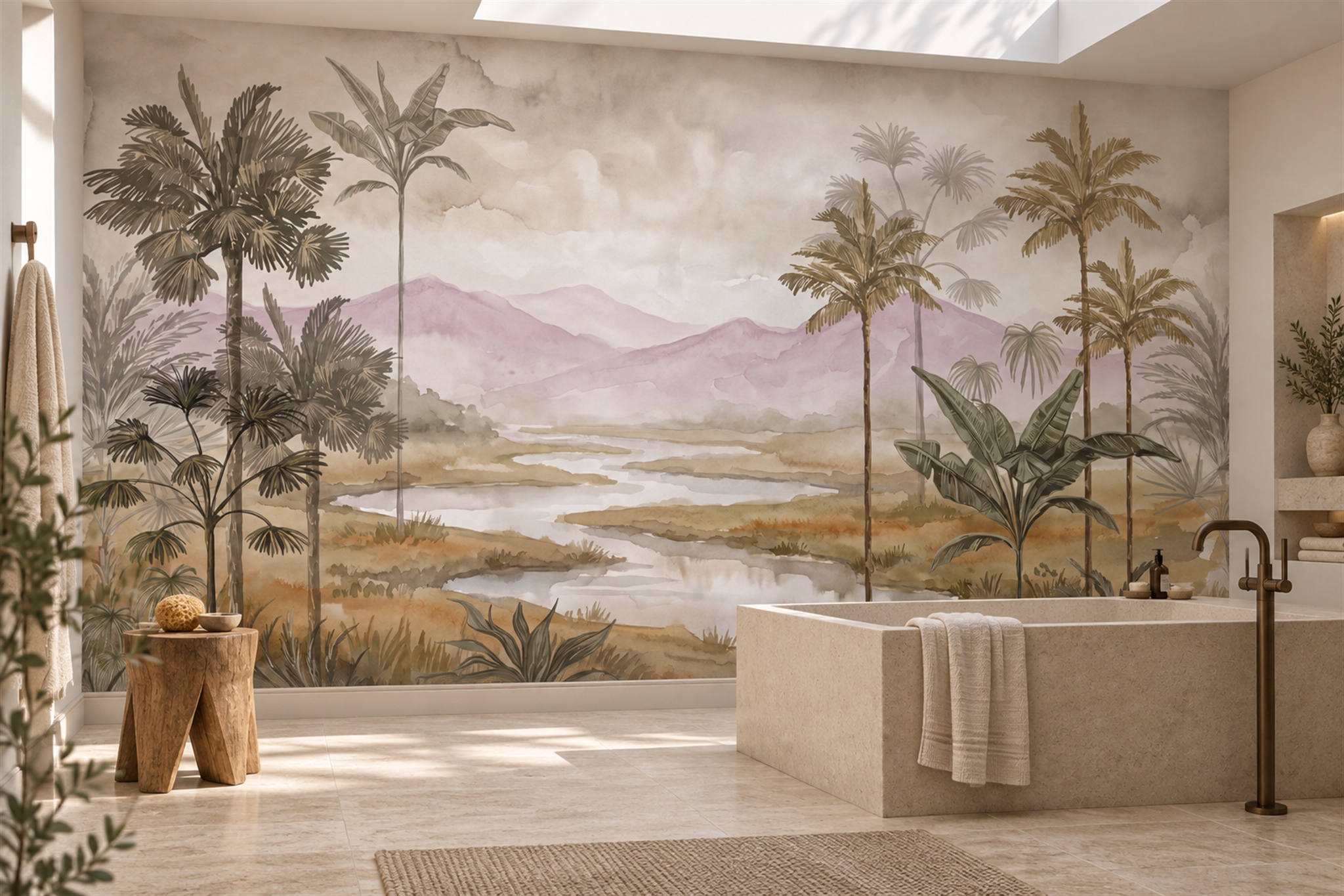 Beige Palm Artful Decorative Wallpaper Mural Bathroom-wallpaper-murals, Peel-and-stick Finish