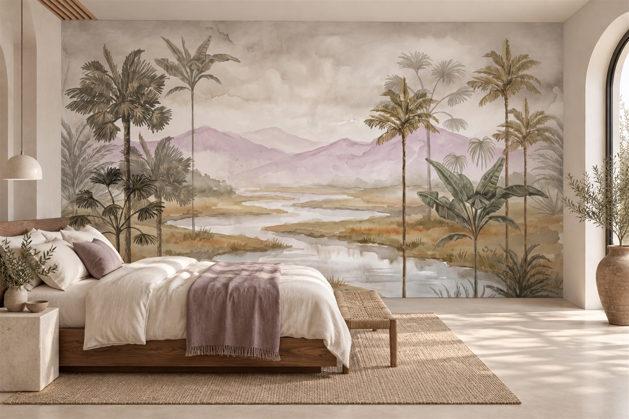 Beige Palm Artful Decorative Wallpaper Mural Living-room-wallpaper-murals, Peel-and-stick Finish