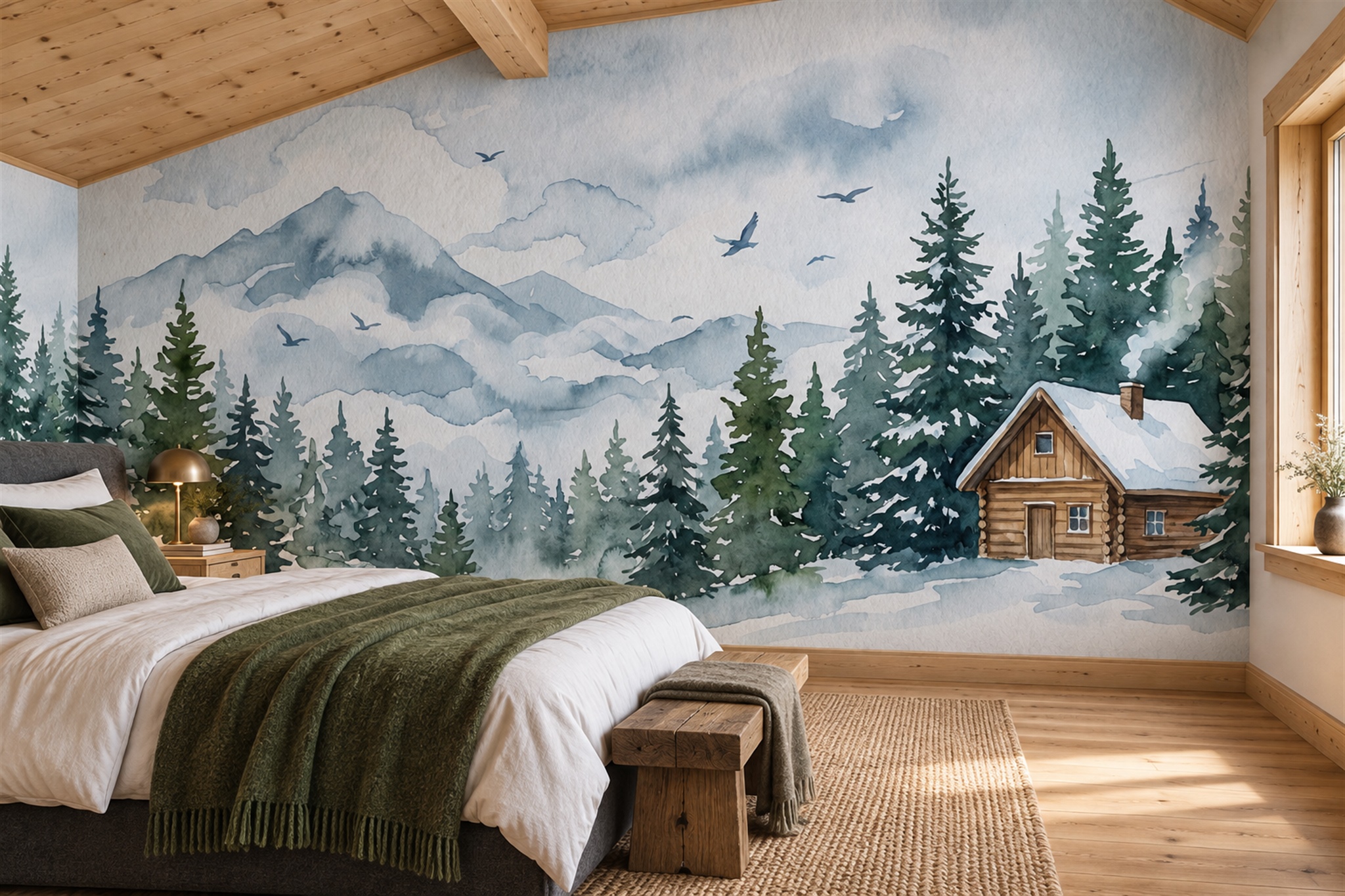 Snowy Mountain Cabin And Evergreen Forest Wallpaper Mural — Installed Wallpaper Mural In A Bedroom, Peel-and-stick Finish