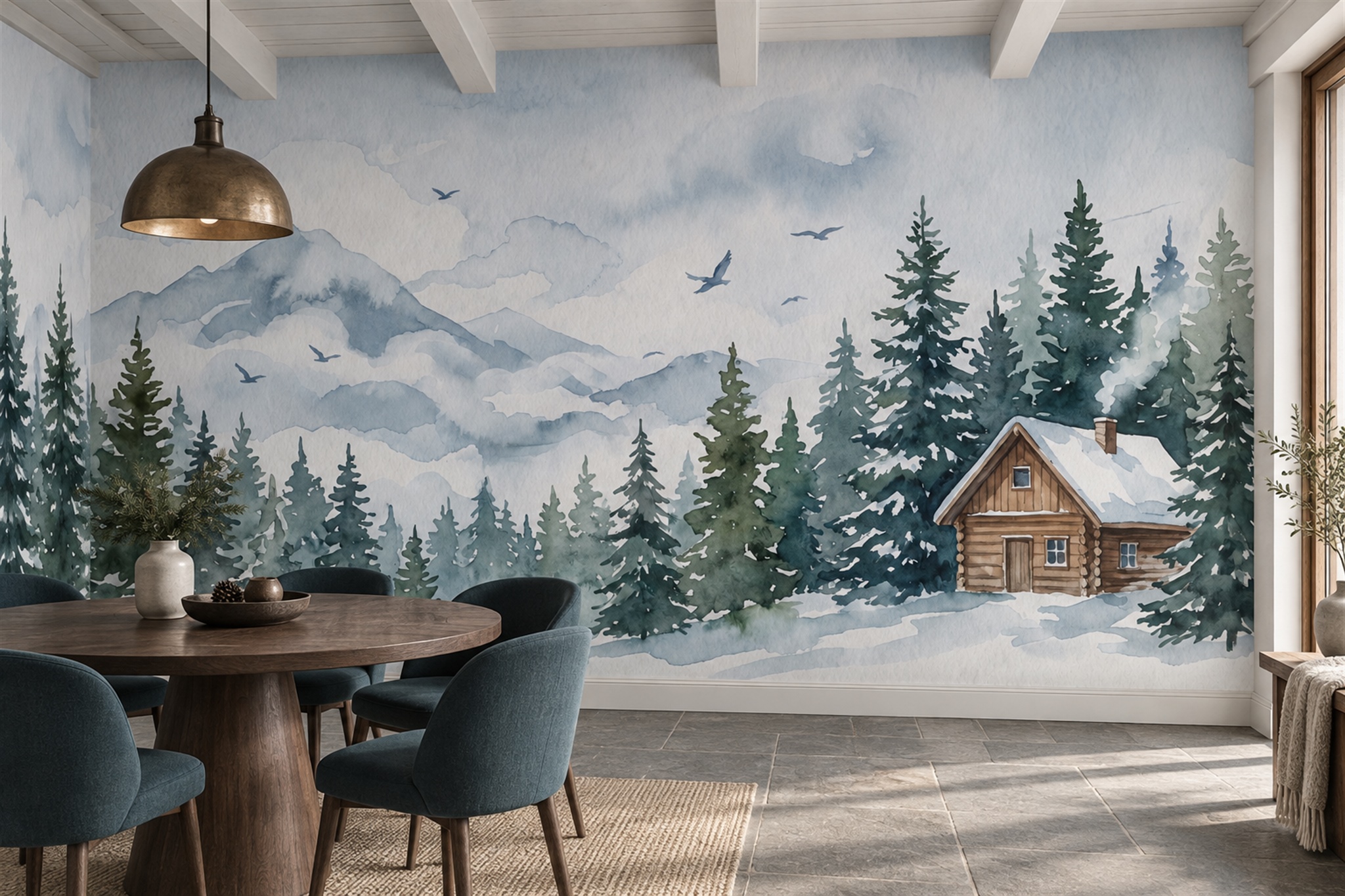 Blue Pattern Decorative Wallpaper Mural Illustrated Wallpaper Mural Dining-room-wallpaper-murals, Shown In A Dining Room, Peel-and-stick Finish