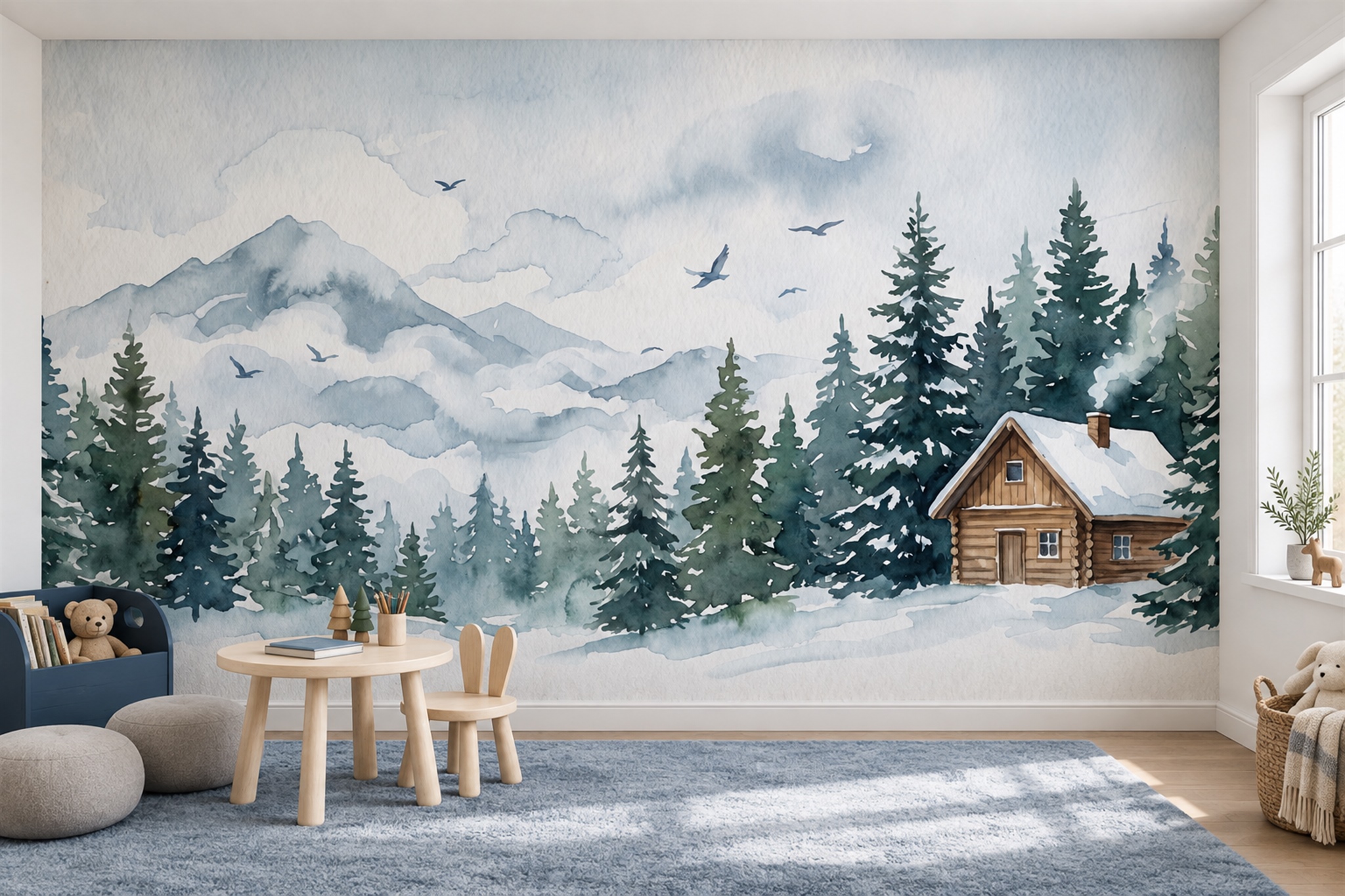 Blue Pattern Decorative Wallpaper Mural Illustrated Wallpaper Mural Accent-wall-wallpaper-murals, Peel-and-stick Finish