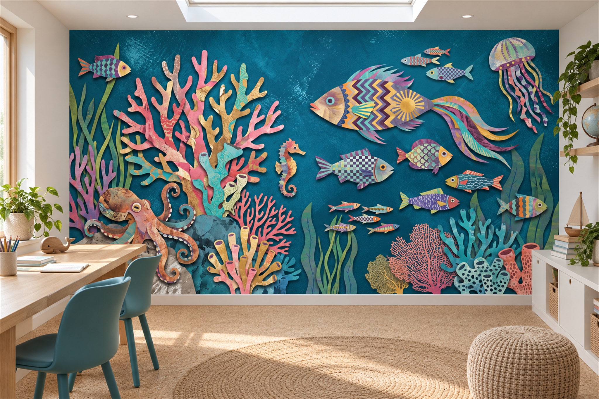 Teal Ocean Scenic Layered Wallpaper Mural Home-office-wallpaper-murals, Shown In A Home Office, Peel-and-stick Finish