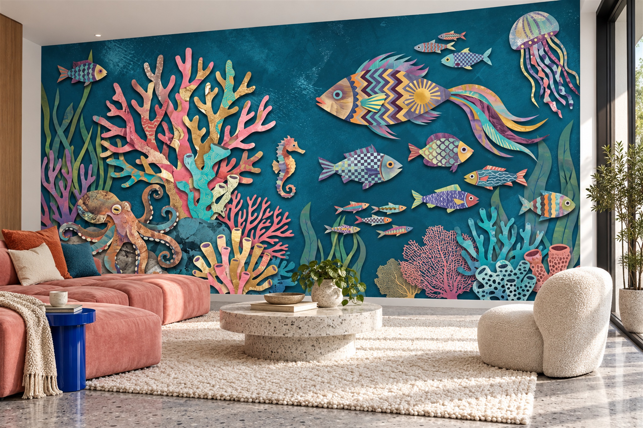 Teal Tropical Reef With Fish And Coral Wallpaper Mural — Wallpaper Mural Design, Peel-and-stick Finish