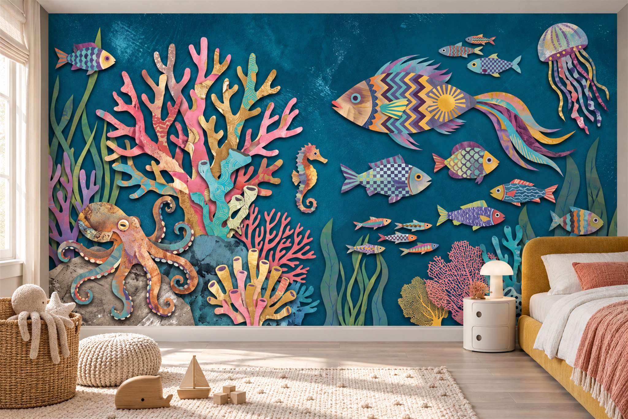 Teal Ocean Scenic Layered Wallpaper Mural Kids-room-wallpaper-murals, Peel-and-stick Finish