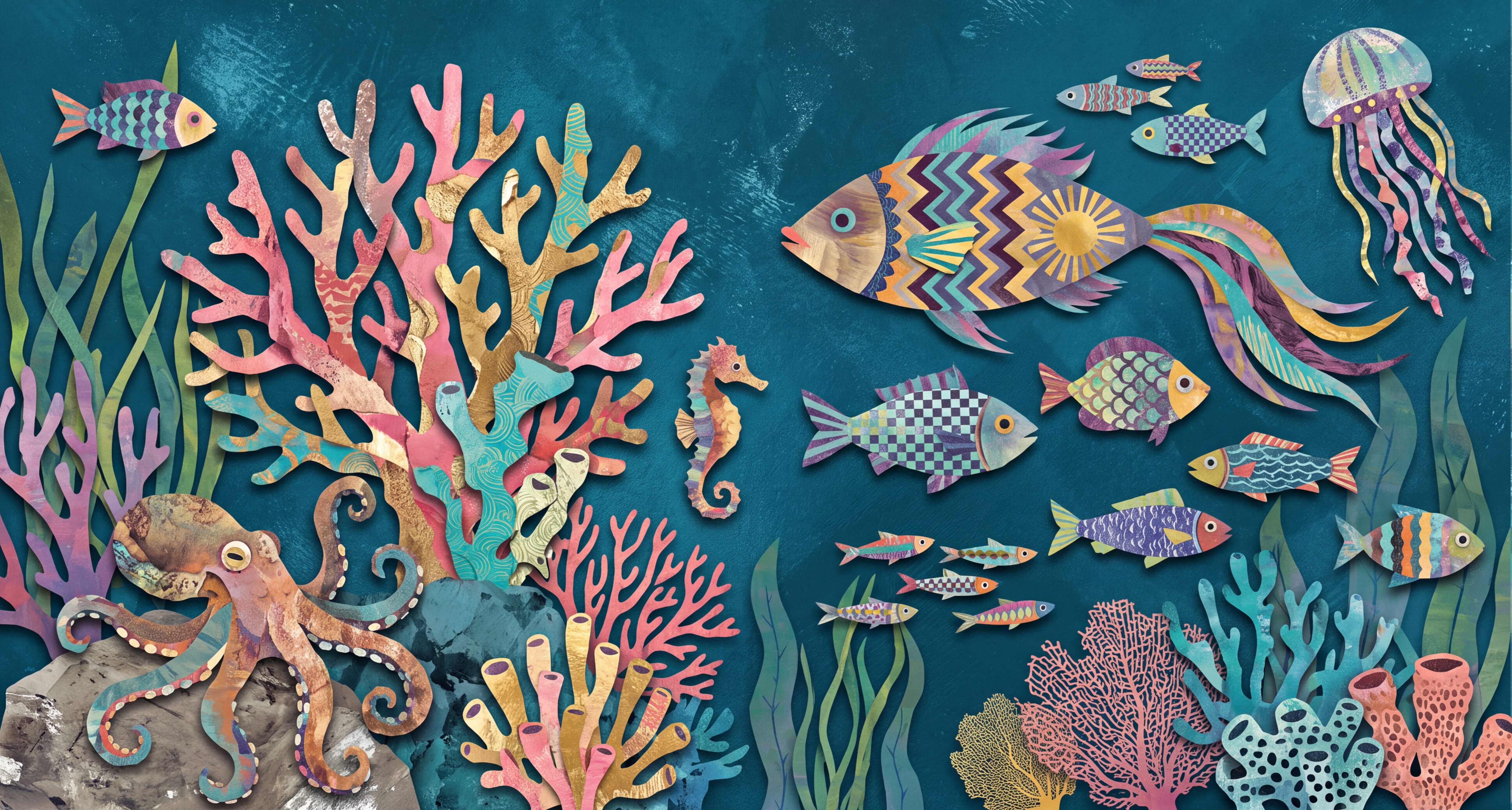 Teal Ocean Scenic Layered Wallpaper Mural Accent-wall-wallpaper-murals, Peel-and-stick Finish