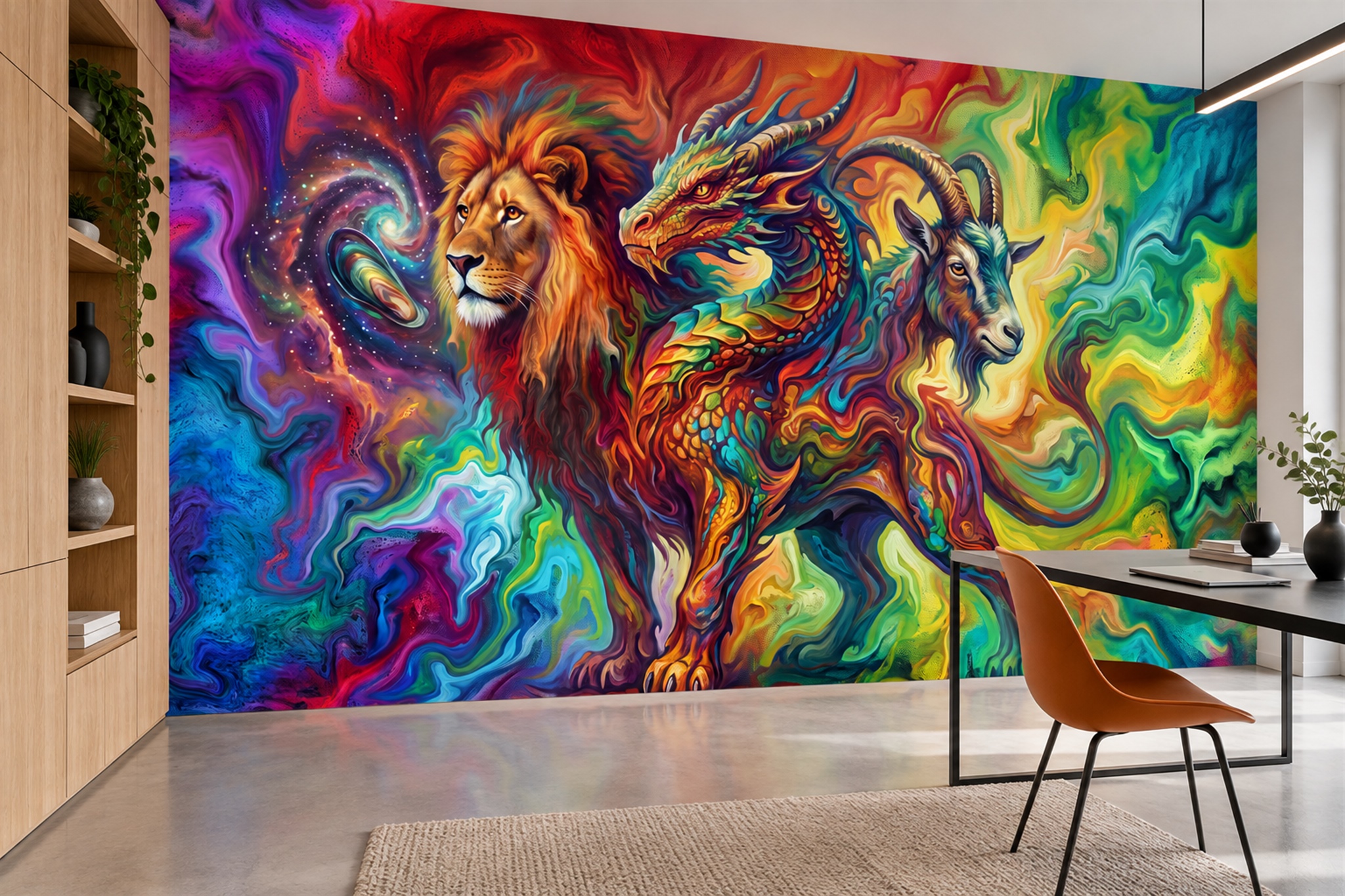 Rainbow Dragon And Lion Fantasy Wallpaper Mural — Wallpaper Mural Design, Peel-and-stick Finish