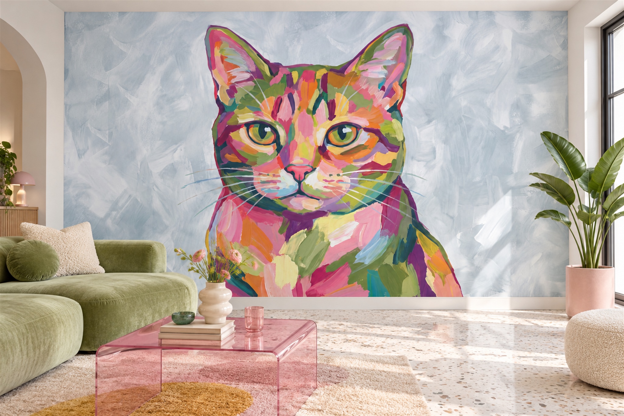 Pink Art Artful Wallpaper Mural Living-room-wallpaper-murals, Shown In A Living Room, Peel-and-stick Finish