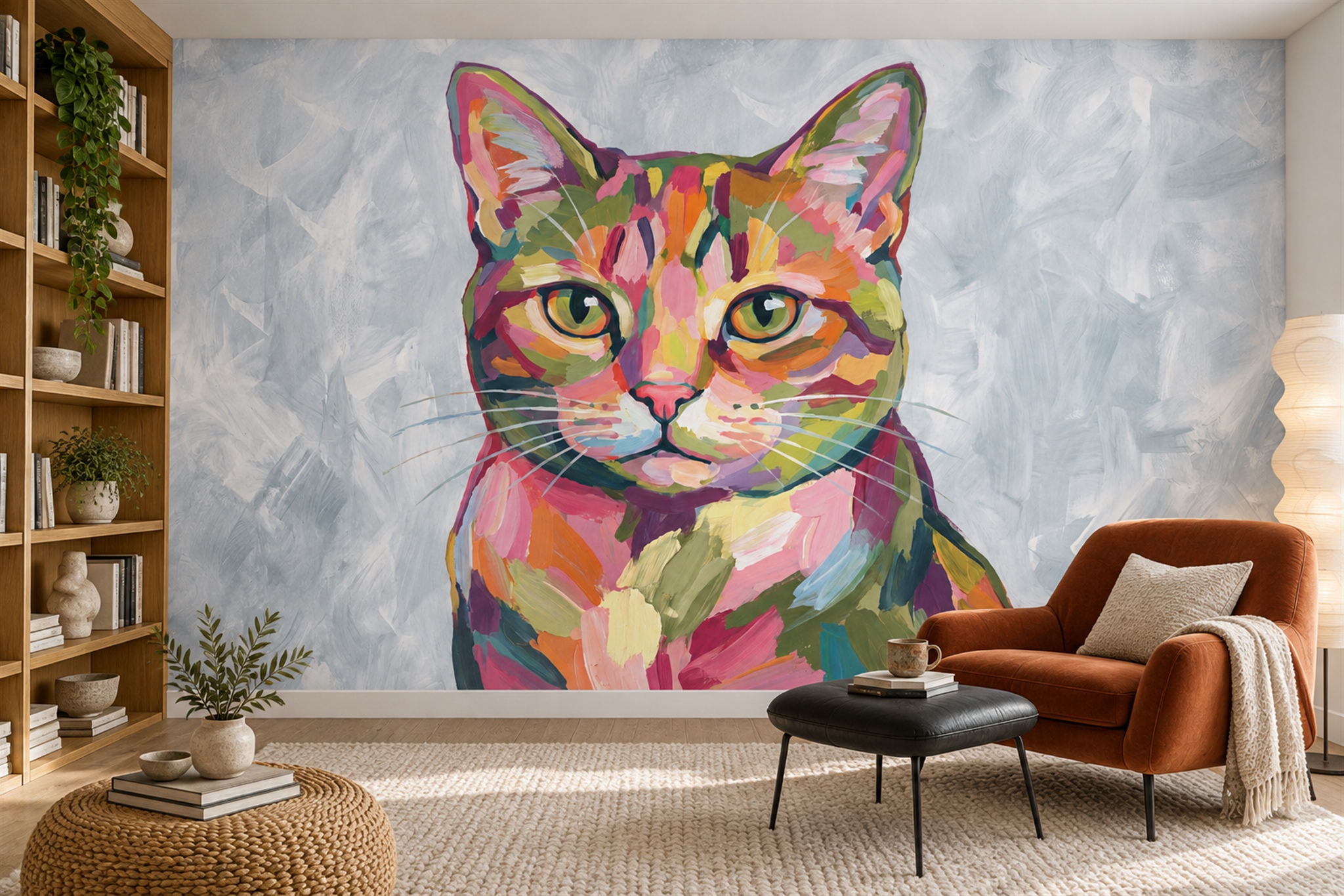 Colourful Painted Cat Portrait Wallpaper Mural — Wallpaper Mural Design, Peel-and-stick Finish