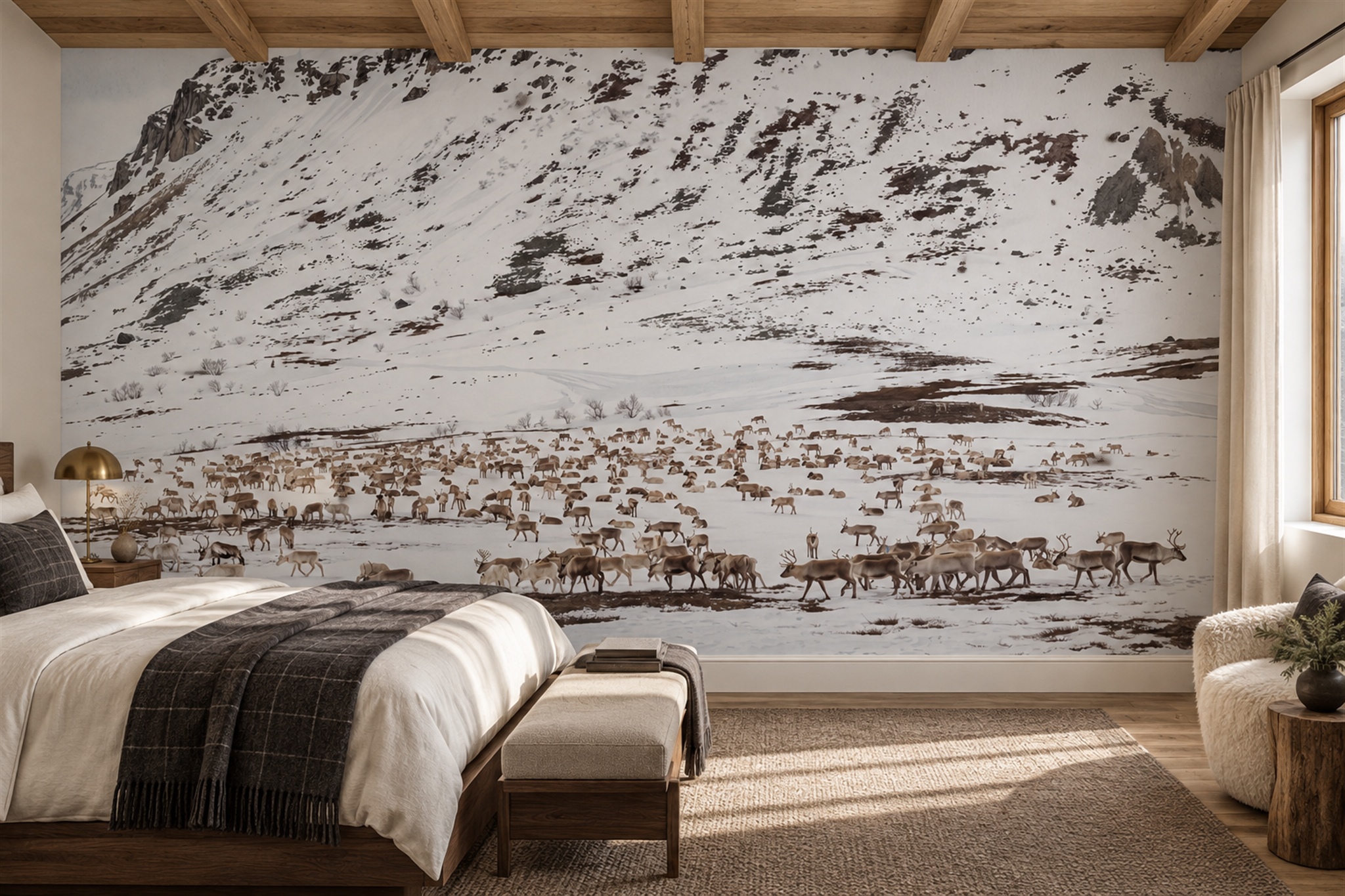 Reindeer Herd On A Snowy Mountain Wallpaper Mural — Installed Wallpaper Mural In A Bedroom, Peel-and-stick Finish