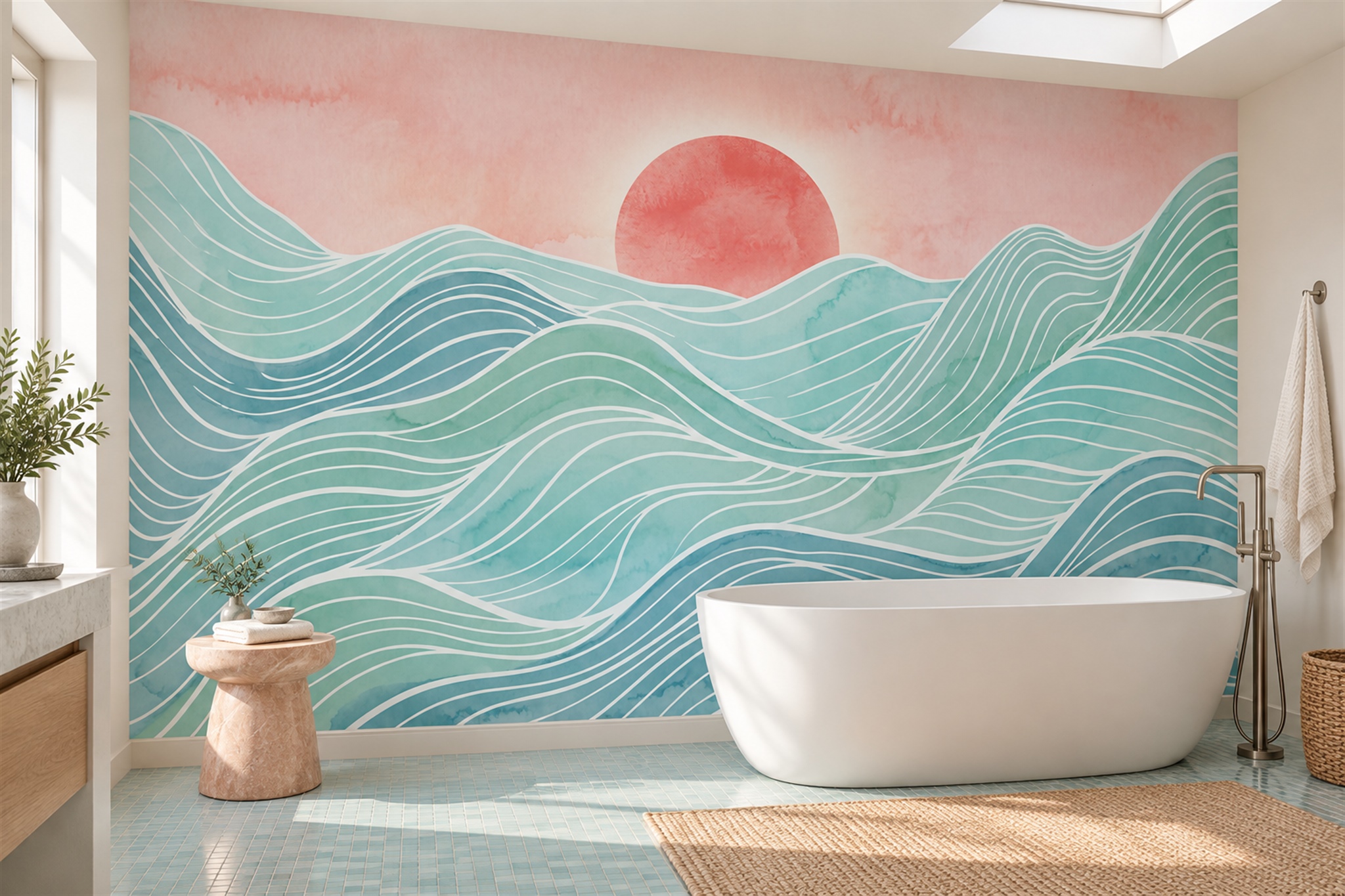 Aqua Waves Artful Wallpaper Mural Bathroom-wallpaper-murals, Peel-and-stick Finish