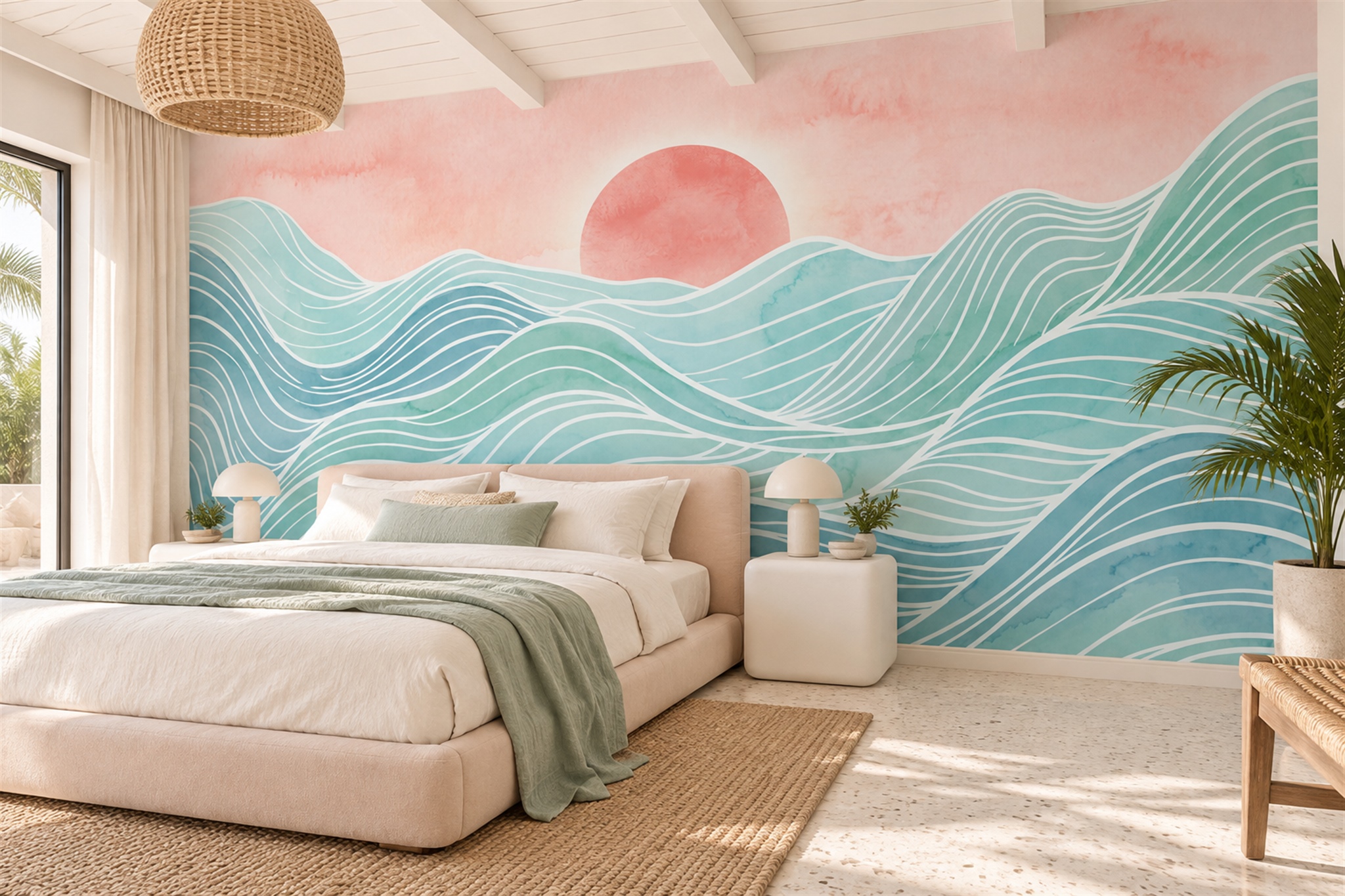 Aqua Waves Artful Wallpaper Mural Bedroom-wallpaper-murals, Peel-and-stick Finish