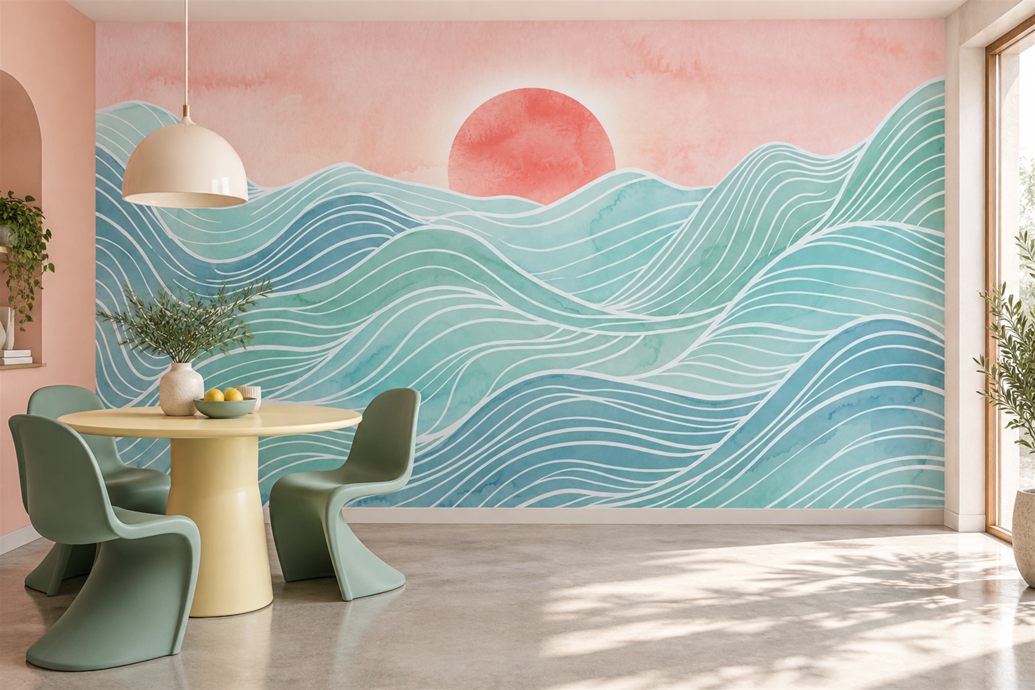 Aqua Waves Artful Wallpaper Mural Dining-room-wallpaper-murals, Shown In A Dining Room, Peel-and-stick Finish