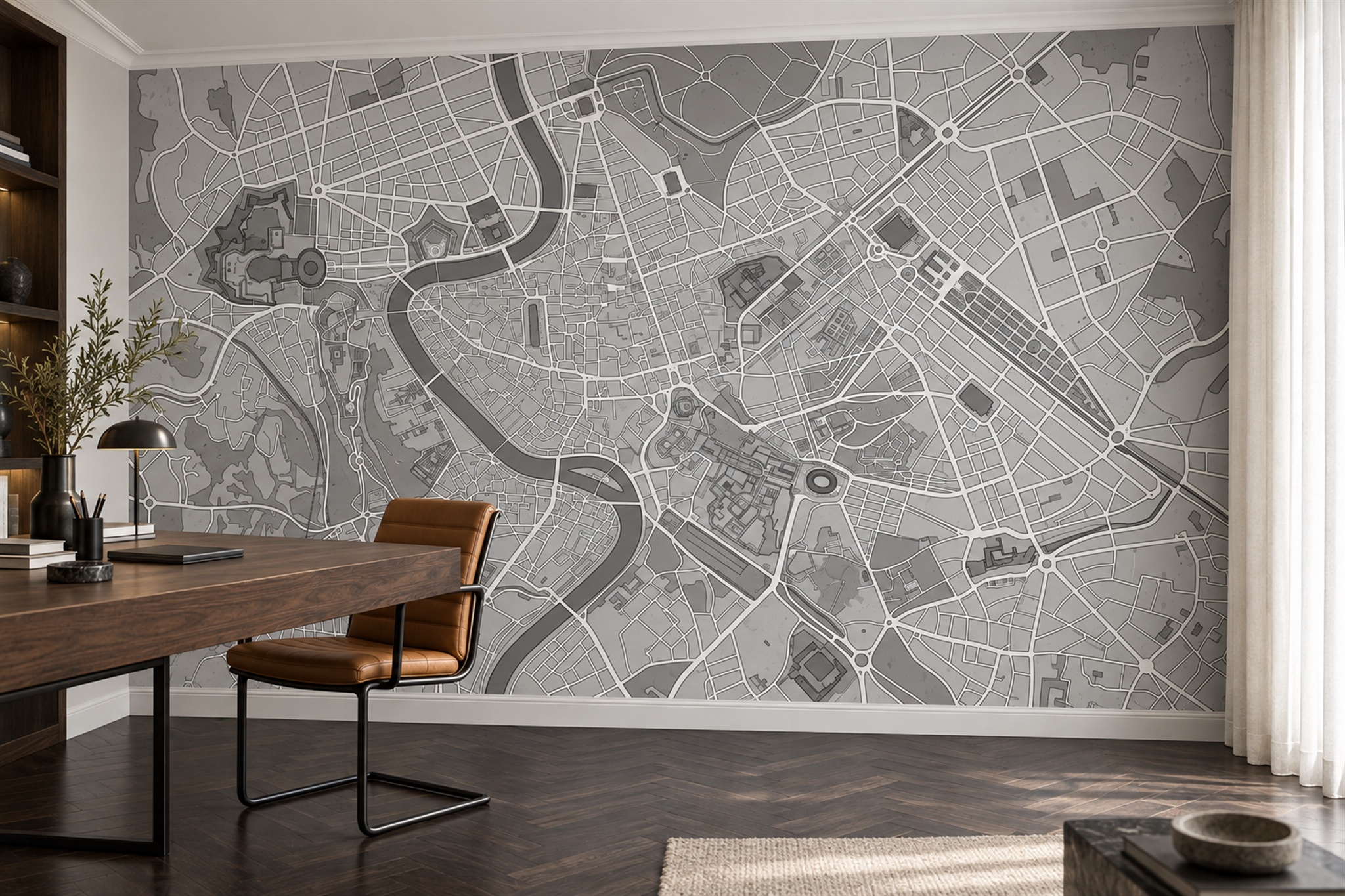 Grey Map Artful Wallpaper Mural Home-office-wallpaper-murals, Shown In A Home Office, Peel-and-stick Finish