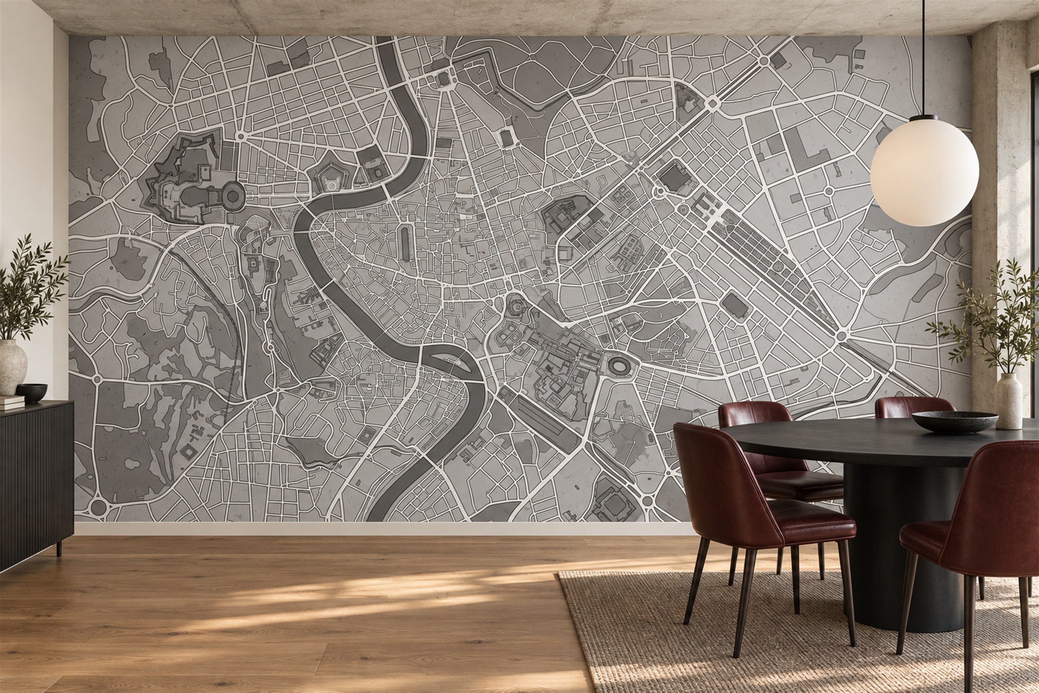 Monochrome City Street Map Wallpaper Mural — Wallpaper Mural Design, Peel-and-stick Finish