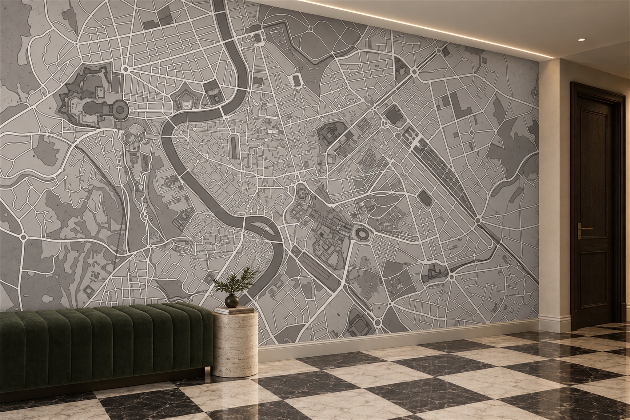 Grey Map Artful Wallpaper Mural Hallway-wallpaper-murals, Peel-and-stick Finish