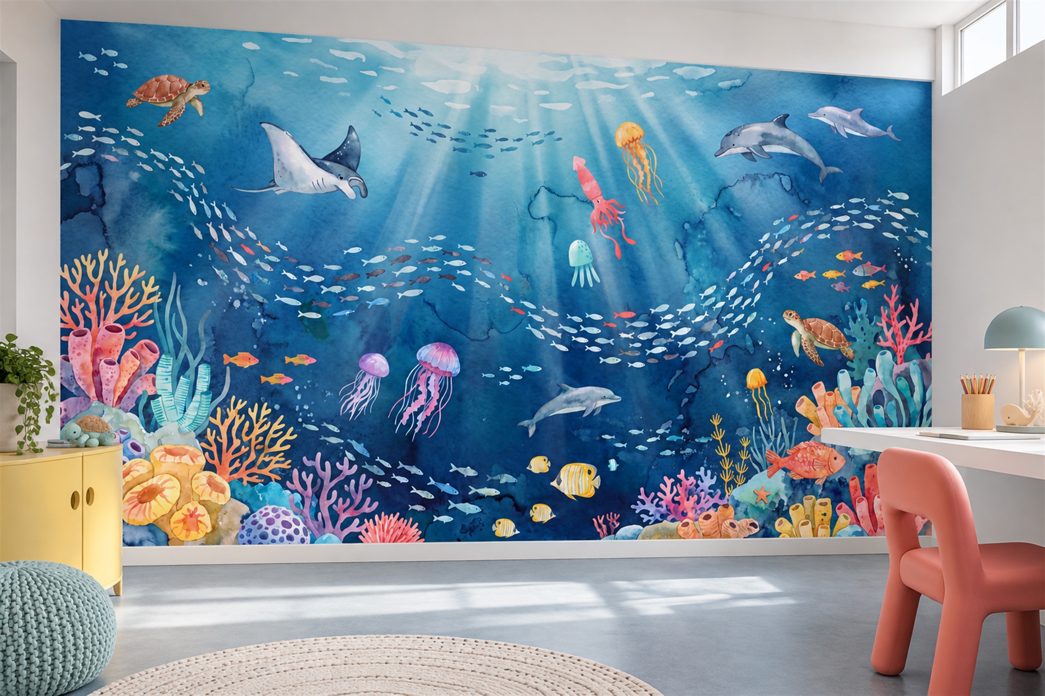 Blue Reef Scenic Decorative Wallpaper Mural Home-office-wallpaper-murals, Shown In A Home Office, Peel-and-stick Finish
