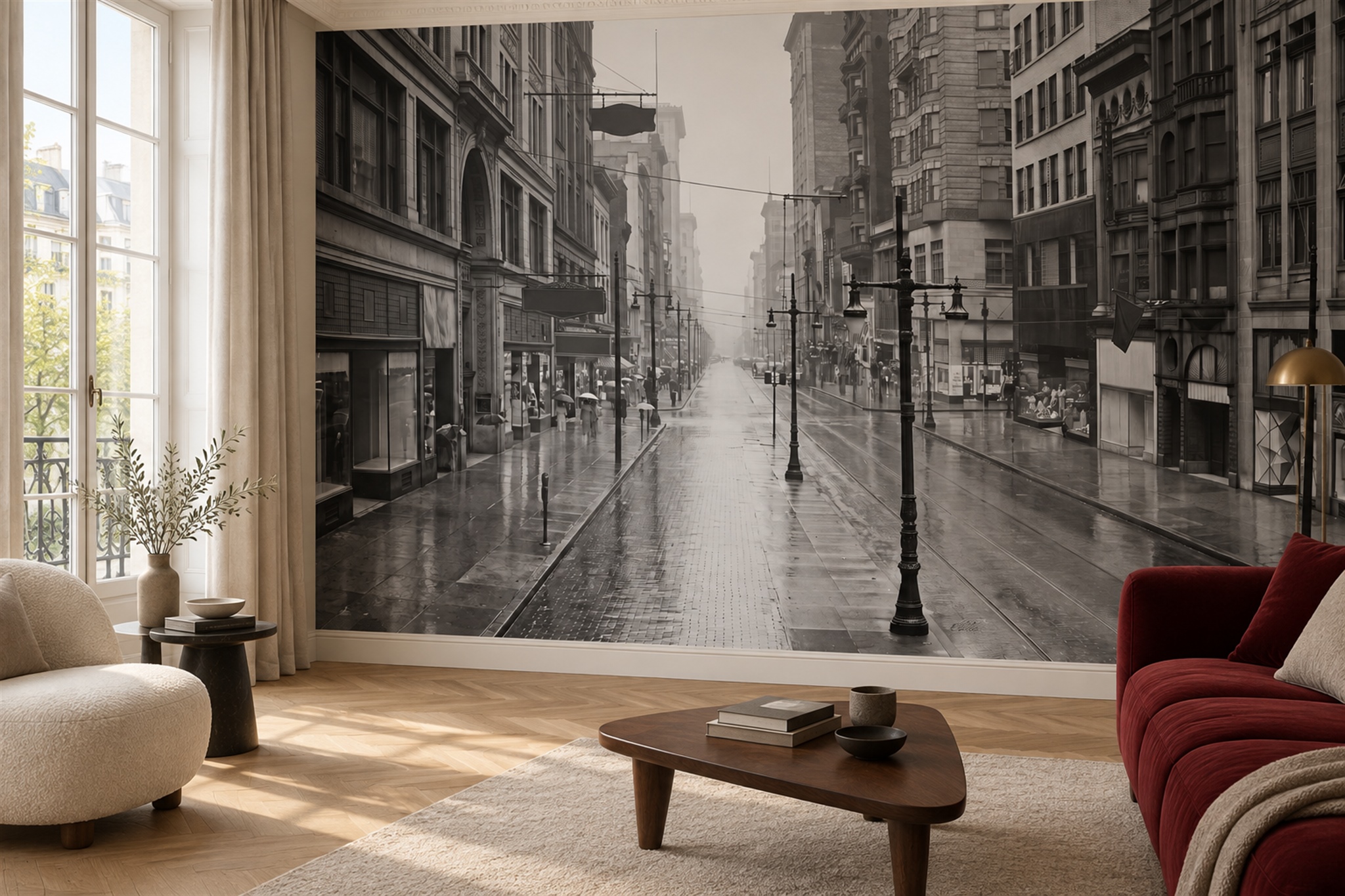 Grey Pattern Decorative Wallpaper Mural Layered Surface Wallpaper Mural Living-room-wallpaper-murals, Shown In A Living Room, Peel-and-stick Finish