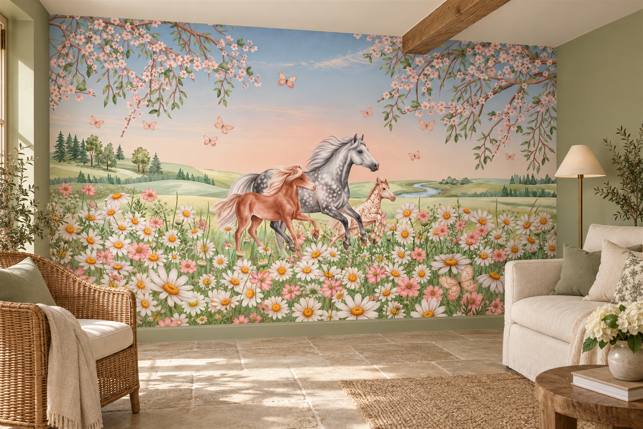 White And Chestnut Horses In A Flowering Meadow Wallpaper Mural — Wallpaper Mural Design, Peel-and-stick Finish